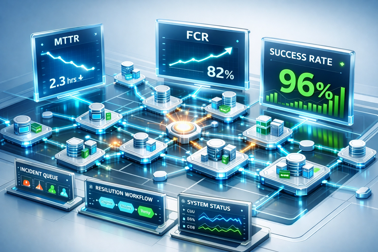 ServiceNow ITOM dashboard displaying MTTR metrics and service mapping for incident resolution workflows
