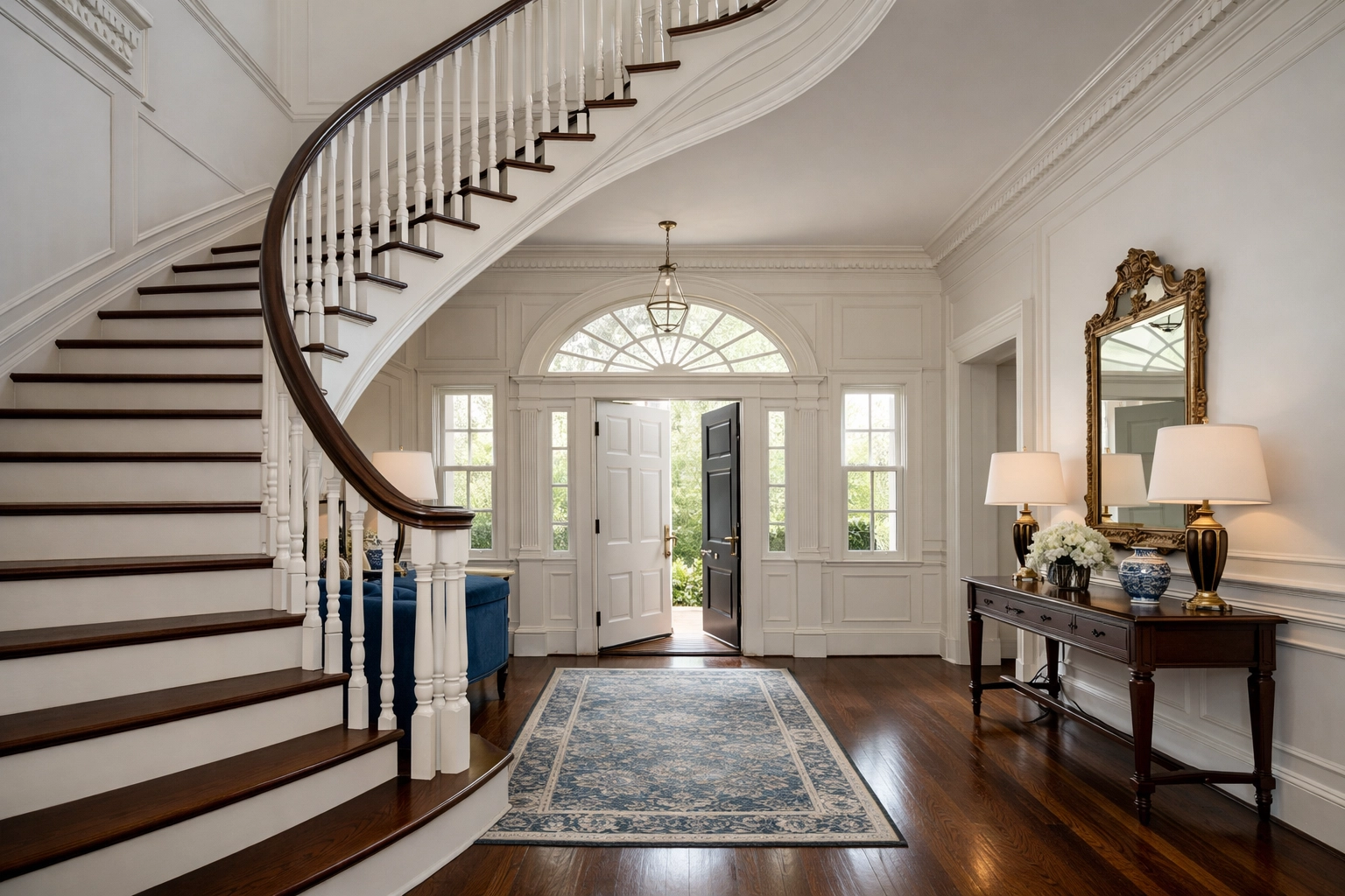 Elegant Federal-style home hallway in Concord with a white spiral staircase and mahogany handrail.