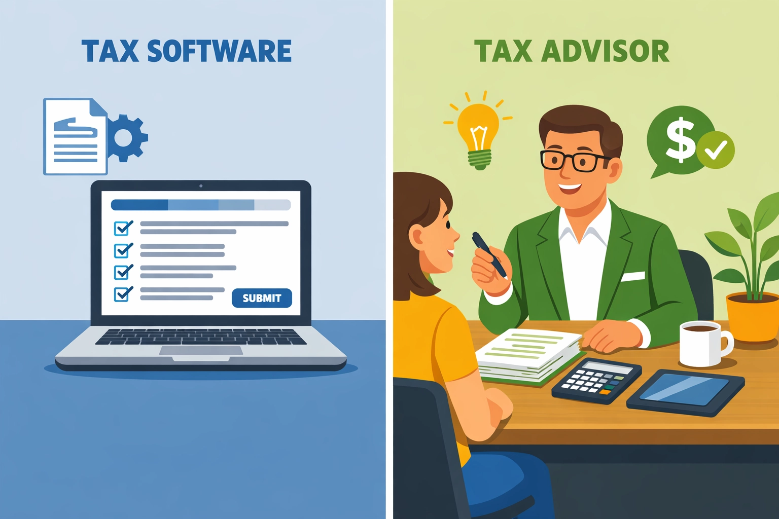 DIY tax software interface compared to professional tax advisor consultation in New Haven
