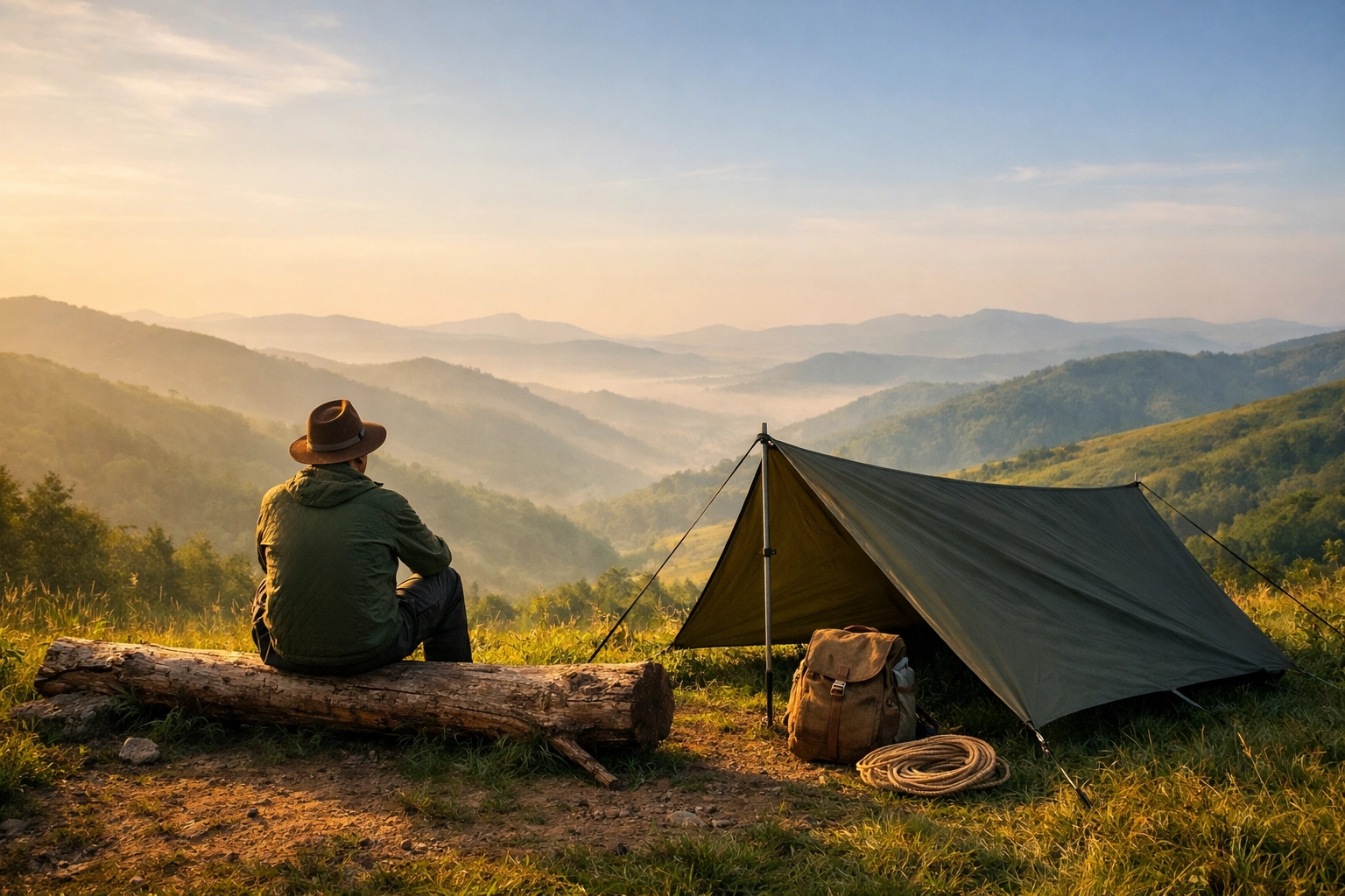 Solo camper with a minimalist tarp shelter enjoying a wild camping adventure UK.
