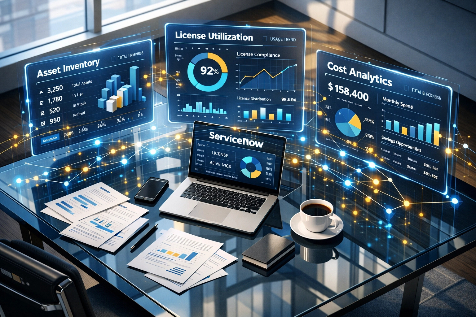 ServiceNow ITOM and ITAM dashboards displaying license utilization and asset inventory analytics