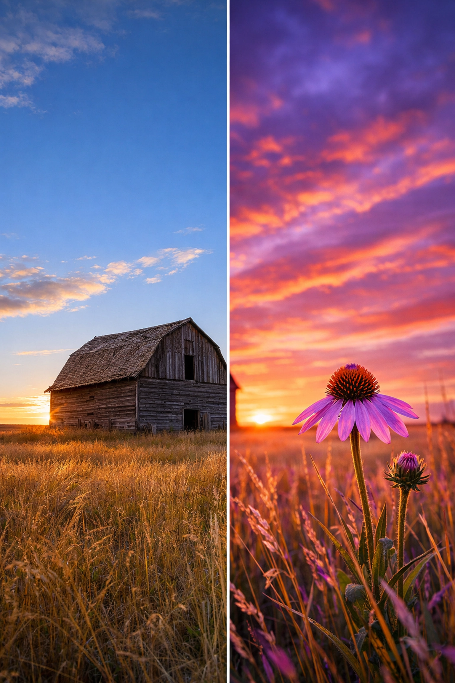 Split view of a Saskatchewan prairie barn showing raw capture versus creative AI-enhanced photo editing.