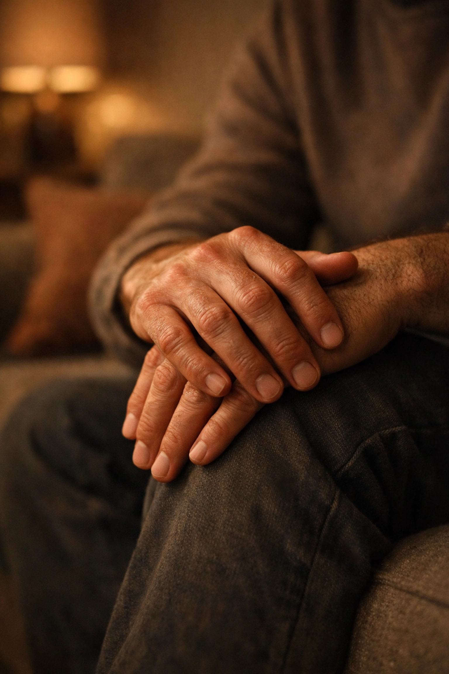 Férfi kezek a kanapén, aki a teljesítményszorongás és a merevedési probléma lelki okain töpreng.