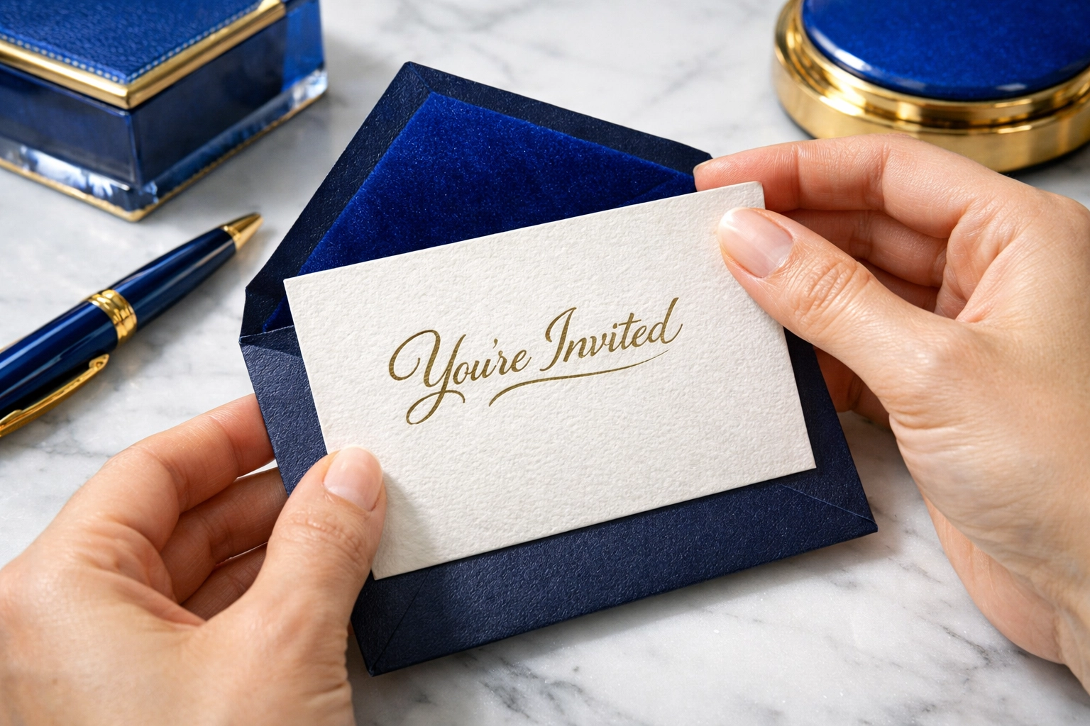 Hands opening a high-quality paper invitation showcasing tactile human-centered brand details.