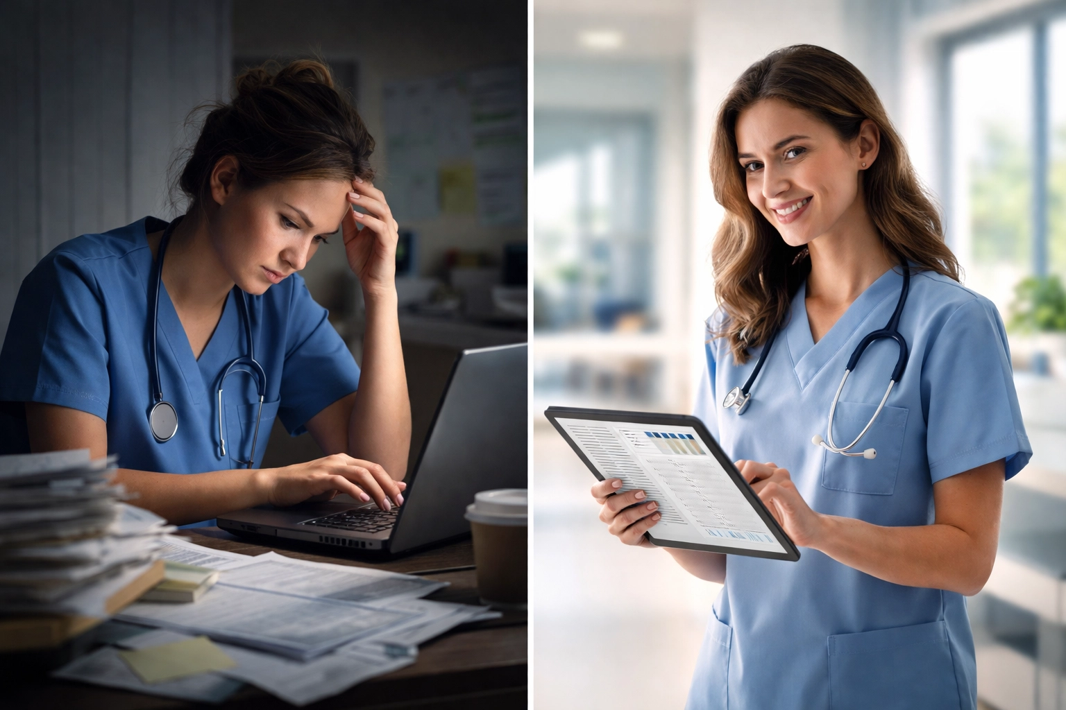 Split-screen of nurse struggling with old dictation software and clinician using AI clinical documentation improvement software.