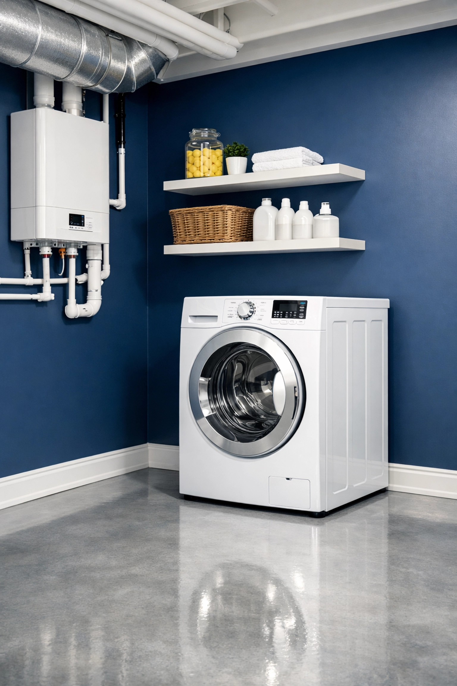 Pristine basement utility room in Lunenburg showing clean white baseboards and dust-free polished concrete floors.