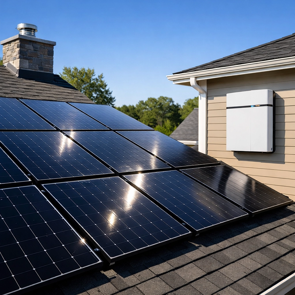 Residential solar panels with battery storage installed on Westchester County home