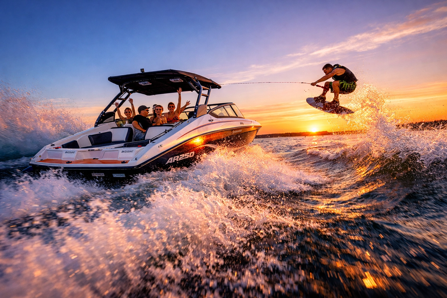 Friends wakeboarding behind a 2026 Yamaha AR250 jet boat on Lake Texoma.