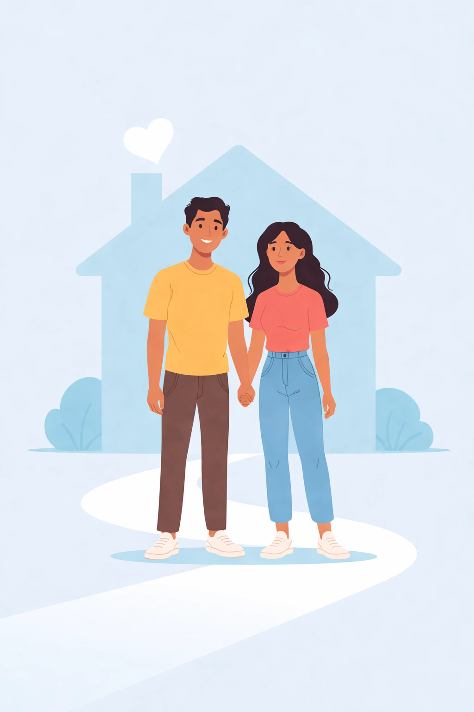 Pareja latina feliz frente a una casa, simbolizando remover colecciones para lograr el sueño de comprar vivienda
