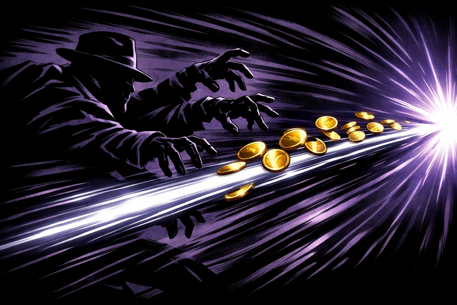 Graphic novel art of gold coins bypassing middleman fees through a direct pay by bank arrow.