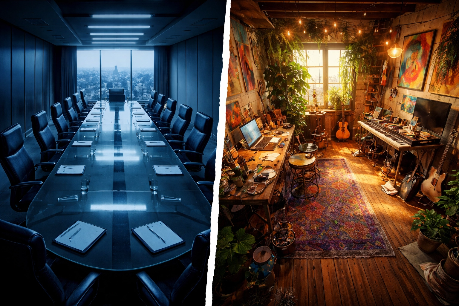 Contrast between empty corporate boardroom and vibrant artist studio, highlighting creative freedom for indie musicians.