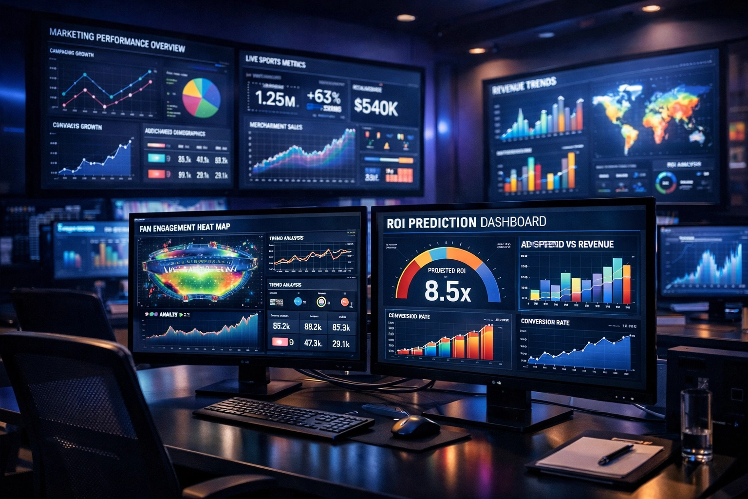 Data analytics dashboard showing real-time sports marketing ROI metrics and predictions