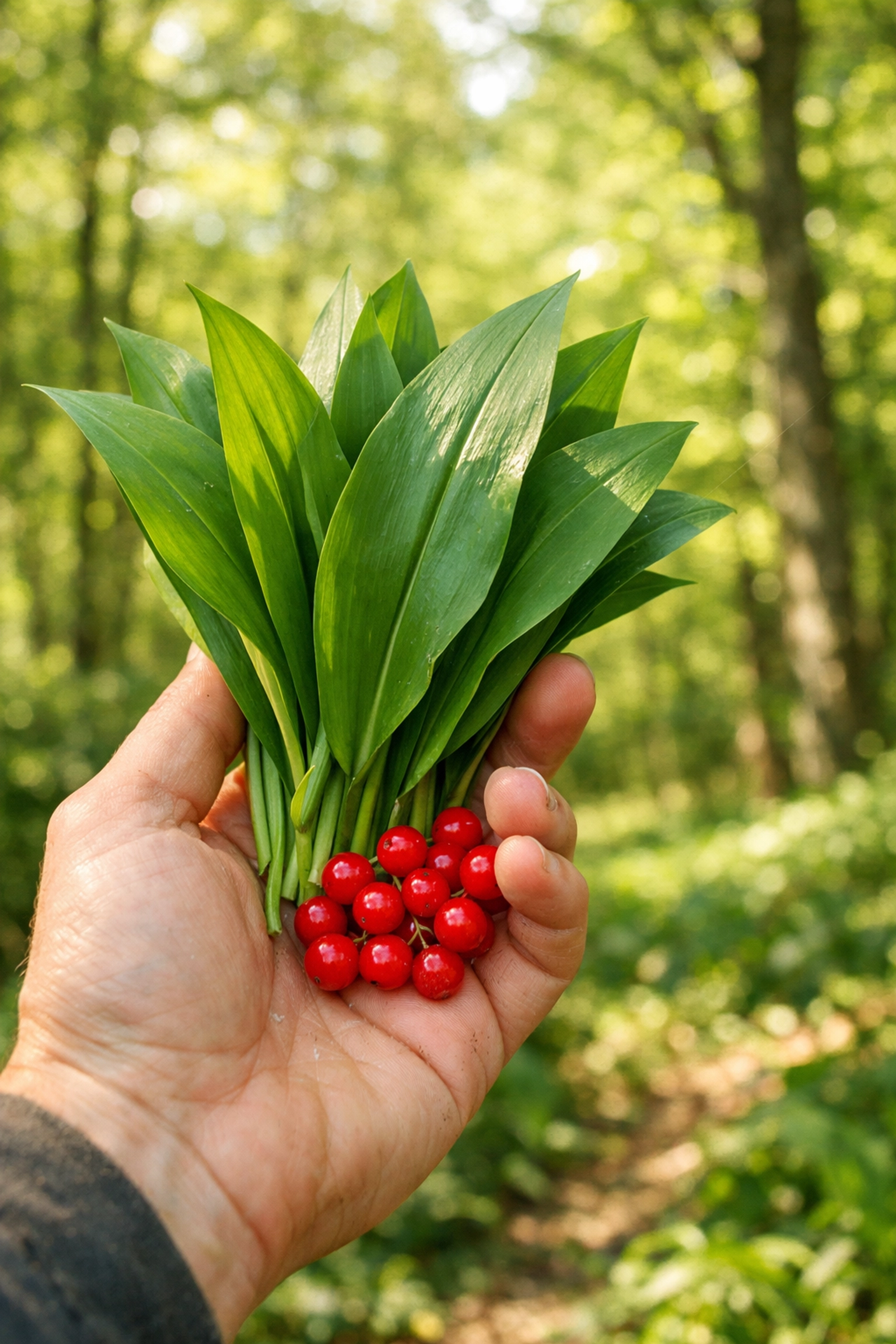 Foraging for wild garlic and berries in a British forest during a UK wild camping trip.