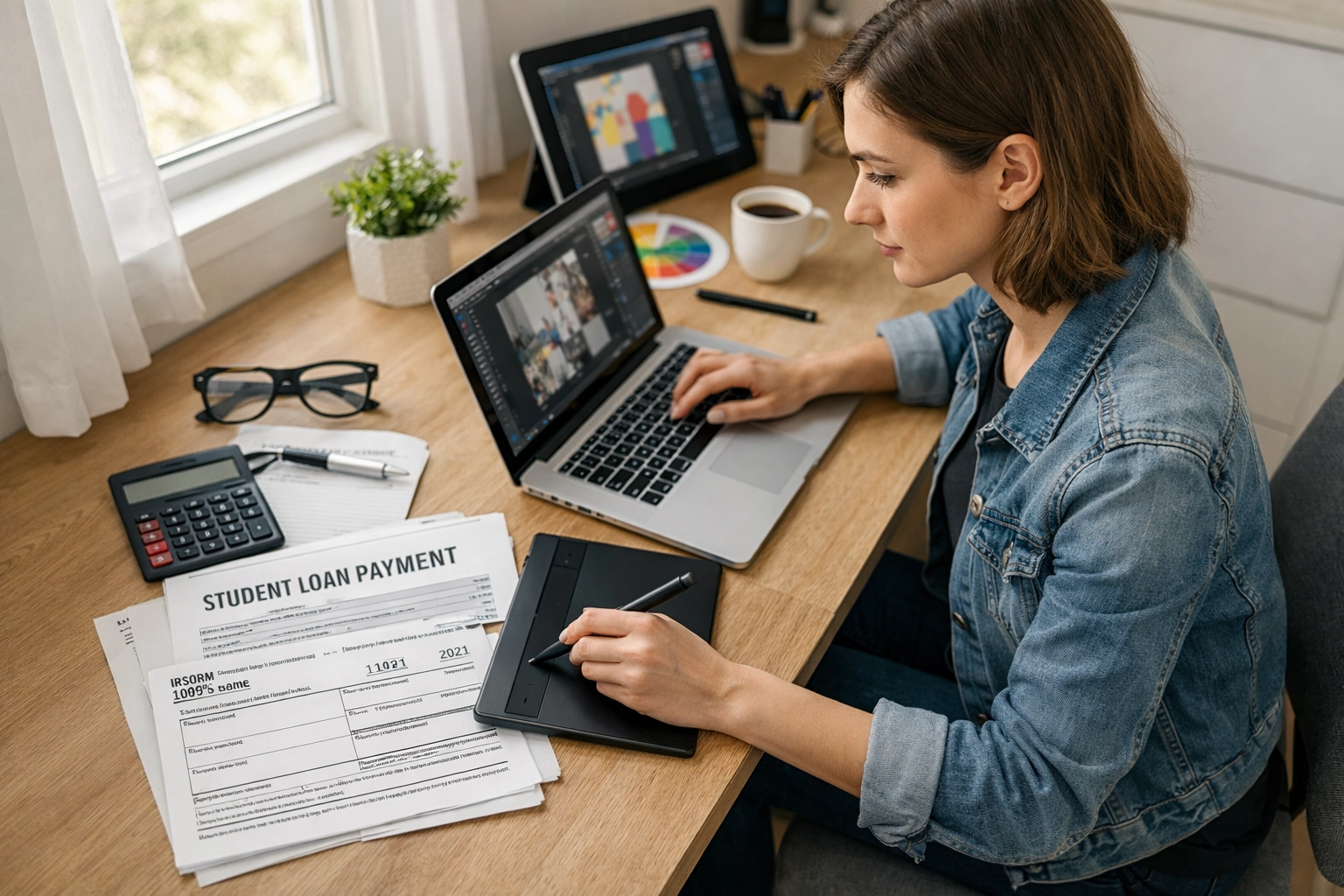 Freelance worker reviewing student loan tax documents and Form 1098-E at home office desk