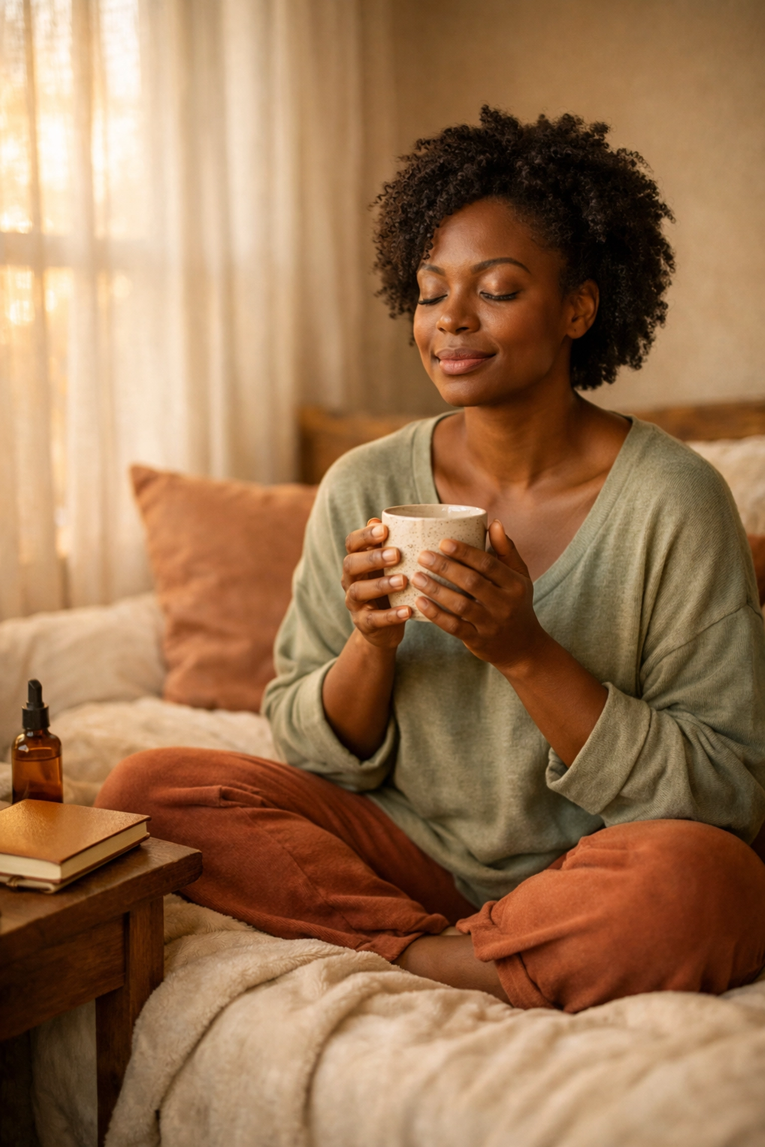 Black woman peacefully resting in bed with self care journal and essential oils