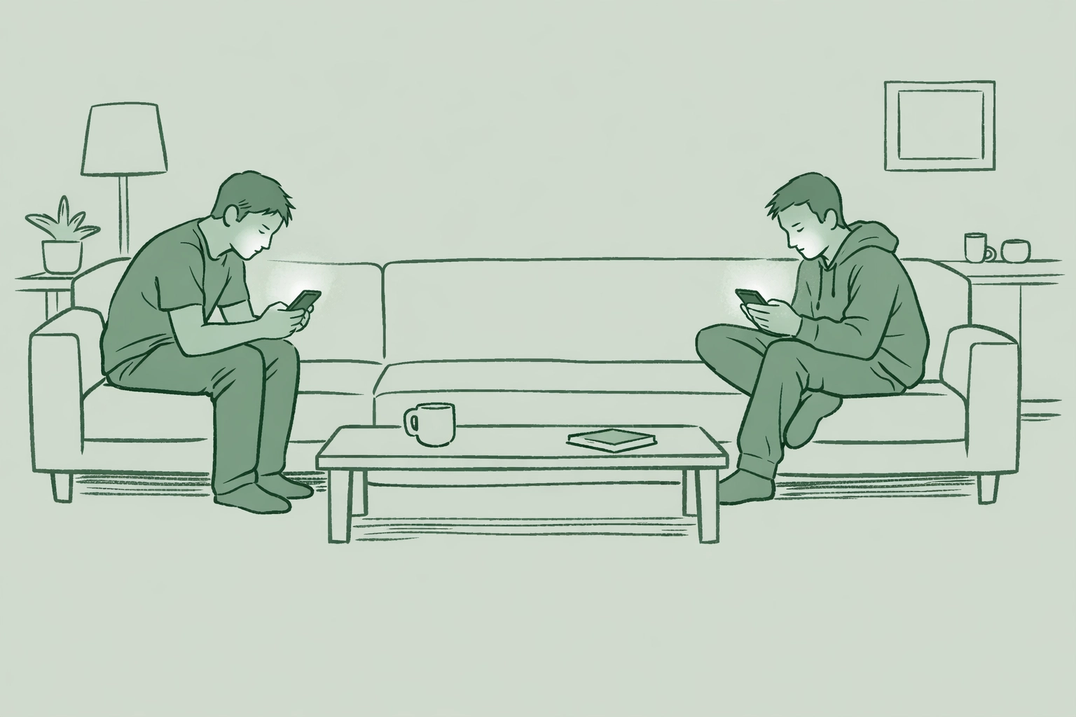 Gay couple disconnected on couch, absorbed in dating apps instead of each other