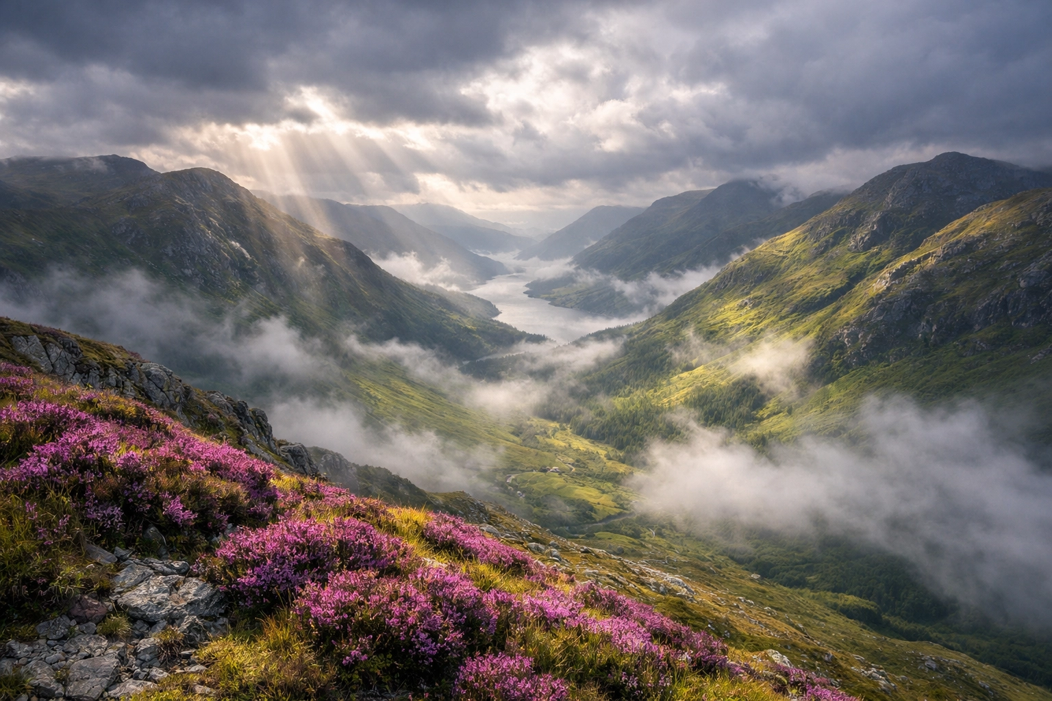 Breathtaking views of the Scottish Highlands showing the unpredictable weather of a UK camping adventure.