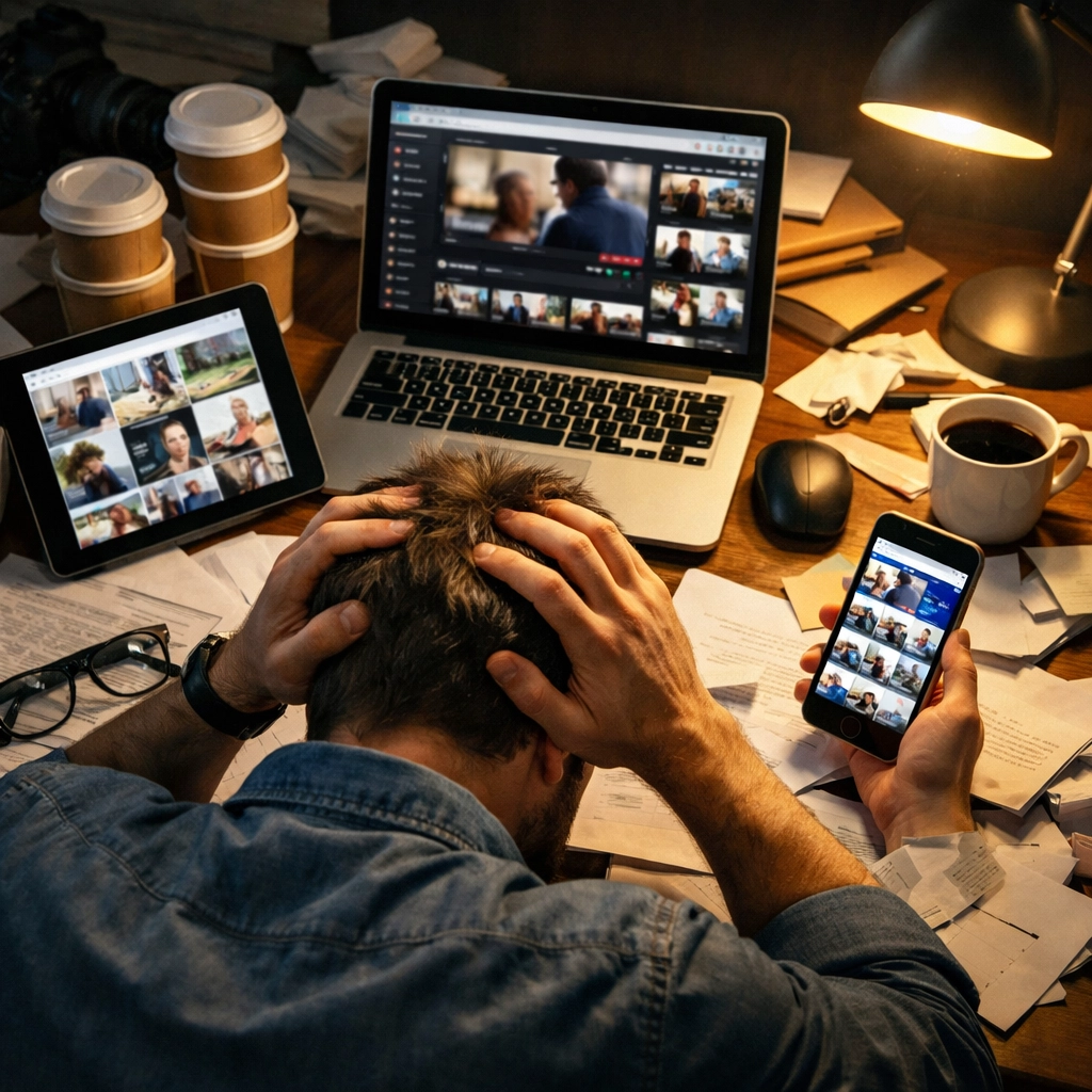 Professionnel marketing stressé face à plusieurs écrans et appareils - burnout création contenu quotidien