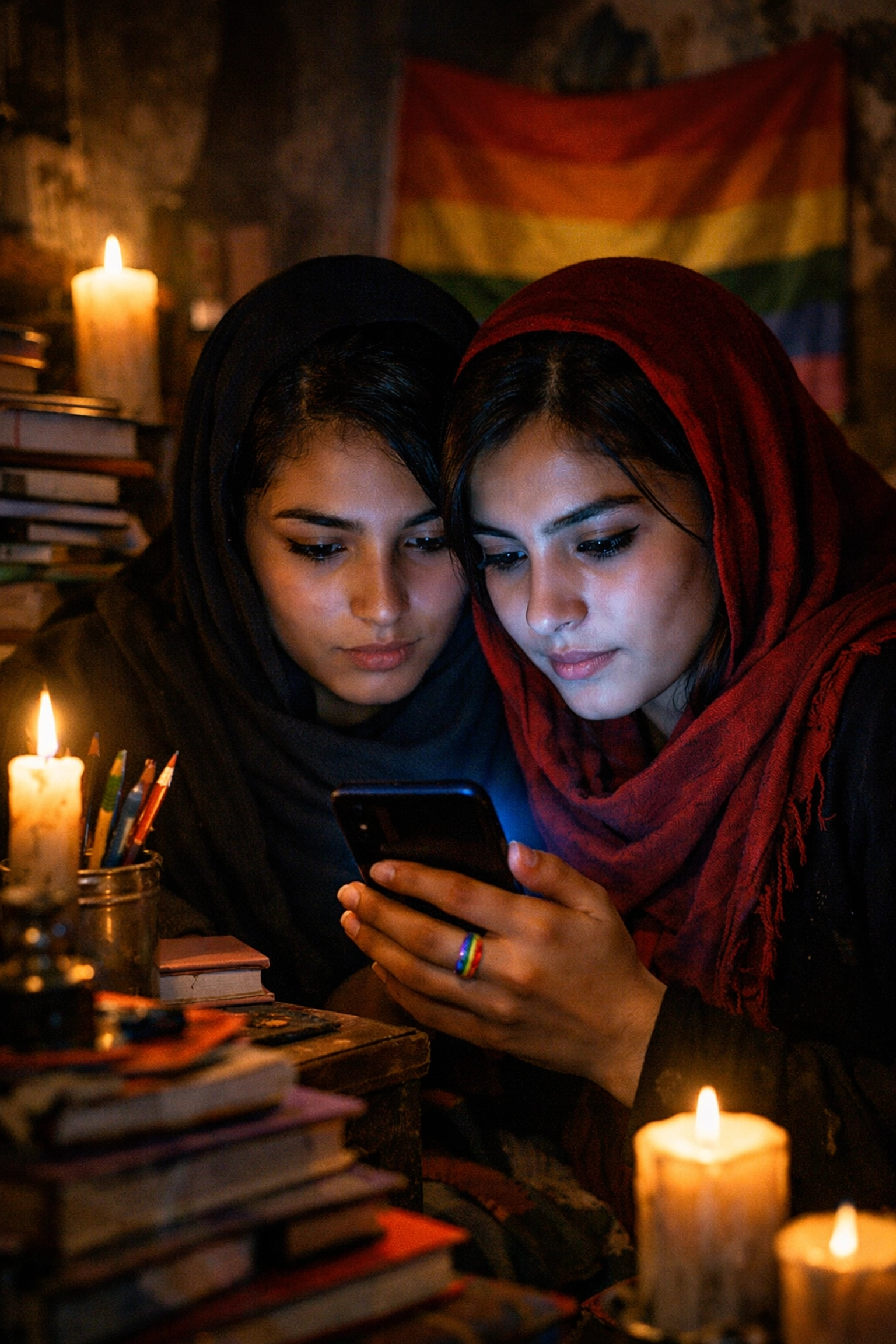 Young women in a secret sanctuary using a phone for LGBTQ+ activism and support in Afghanistan.