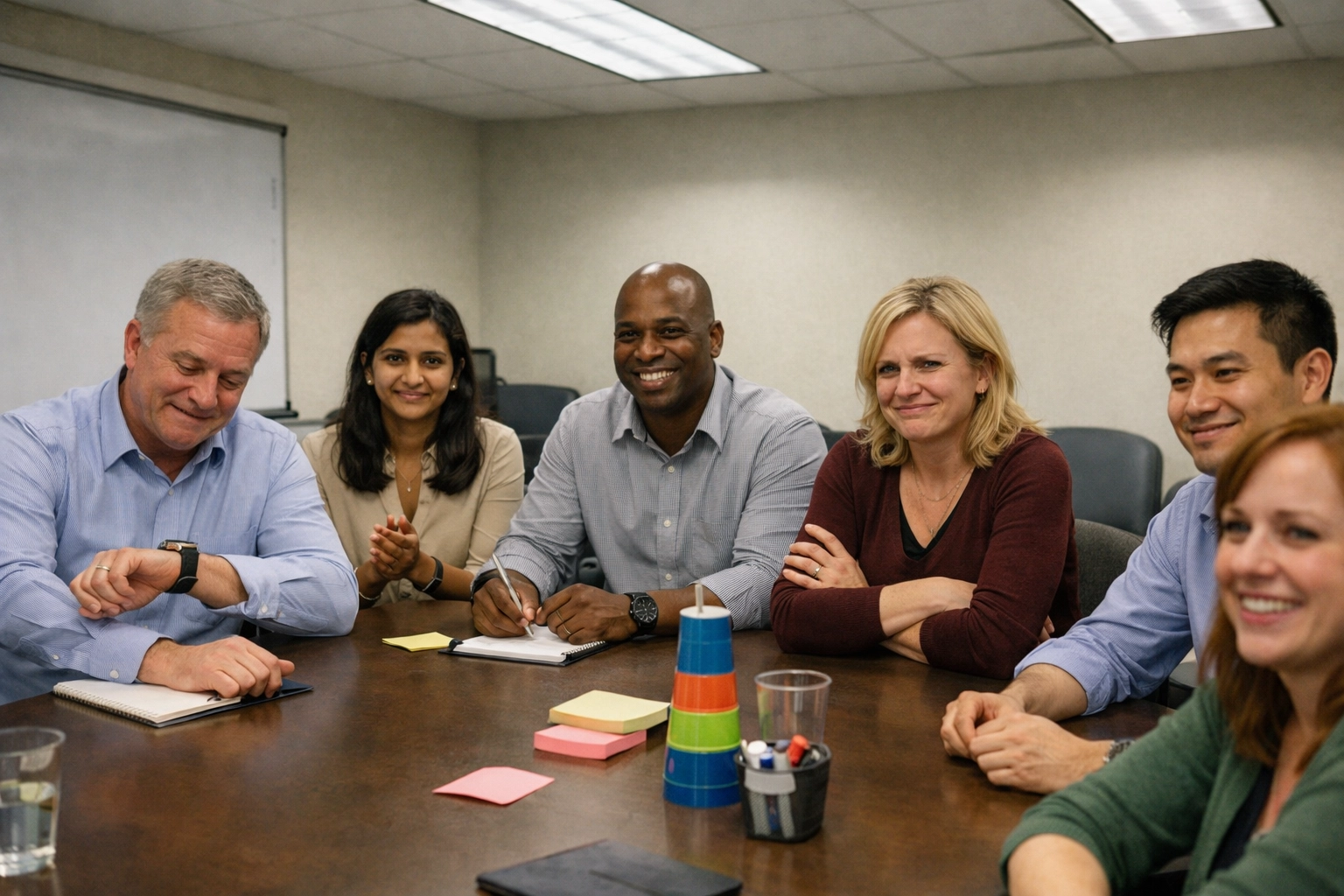 Corporate team at awkward team building activity with forced smiles and uncomfortable body language