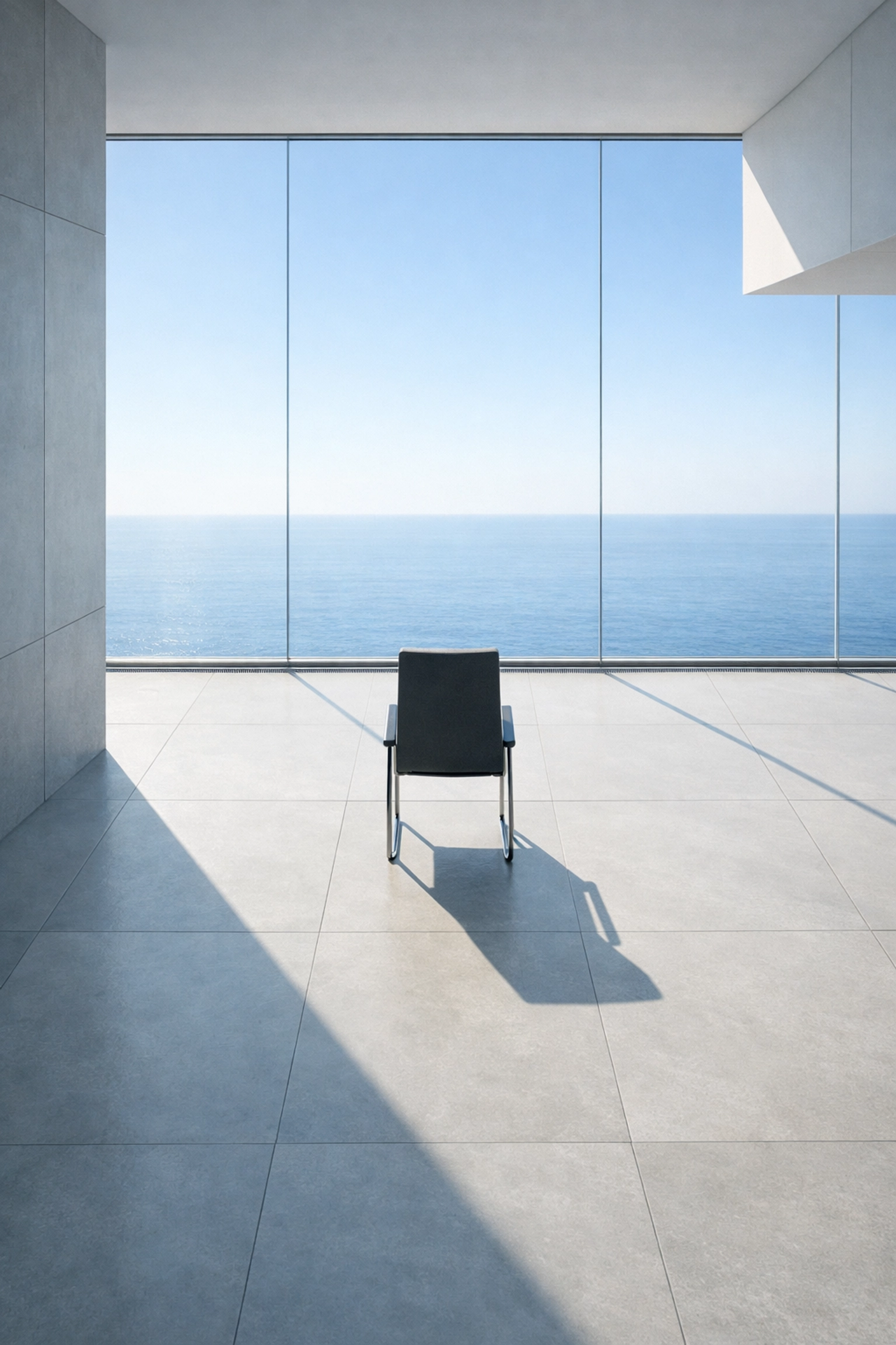 Minimalist modern office space with a bright horizon view representing a clear business vision and focus.