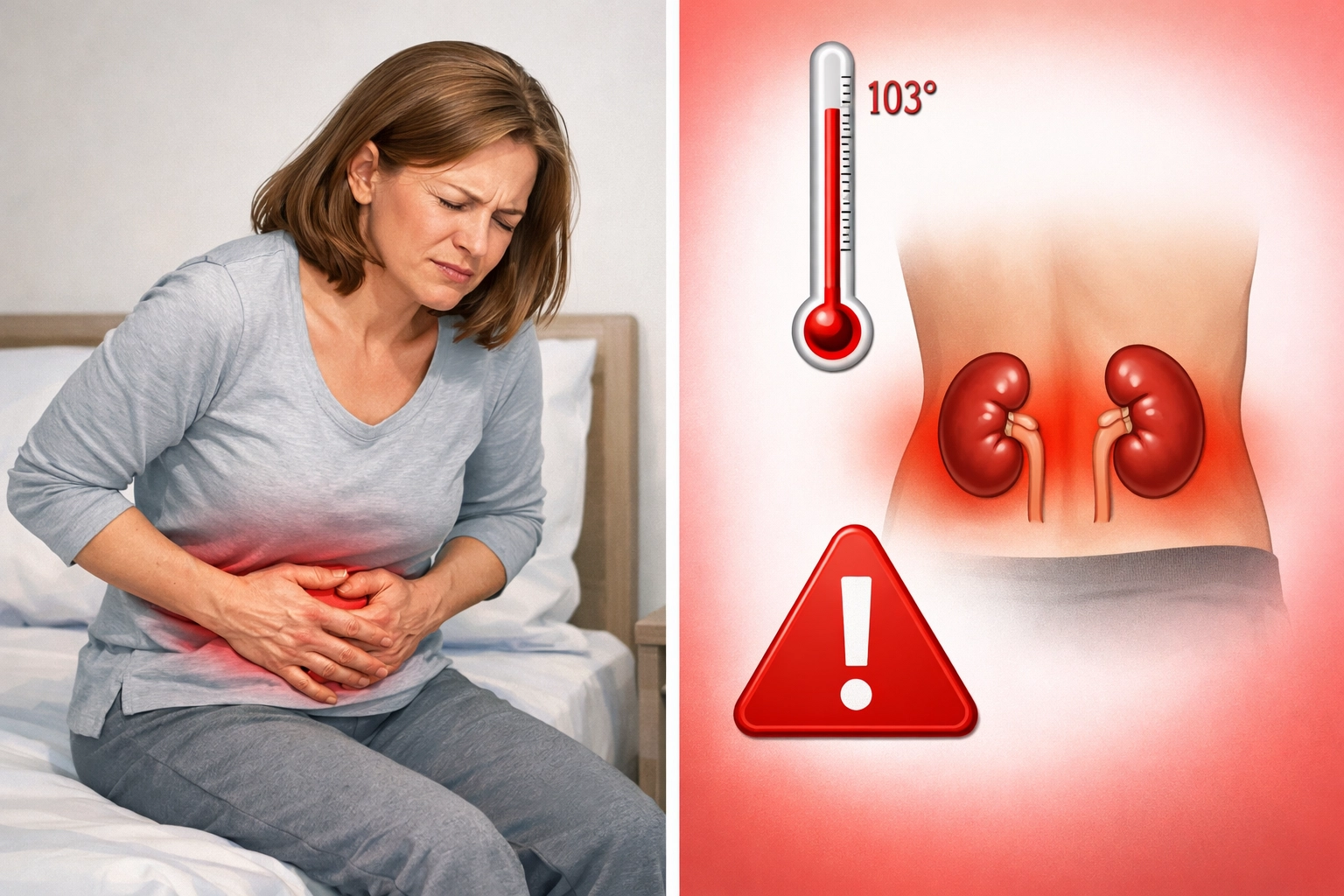 UTI emergency warning signs including fever, kidney pain, and severe symptoms requiring ER visit