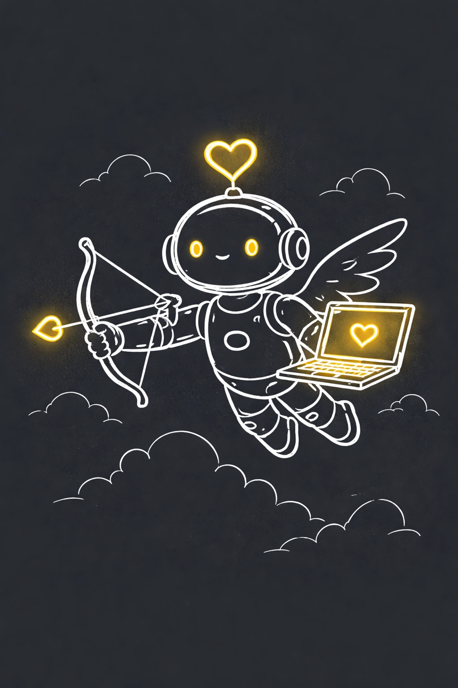 A playful line drawing of a robot cupid in the clouds with a bow and laptop, symbolizing AI-powered Valentine’s Day marketing.