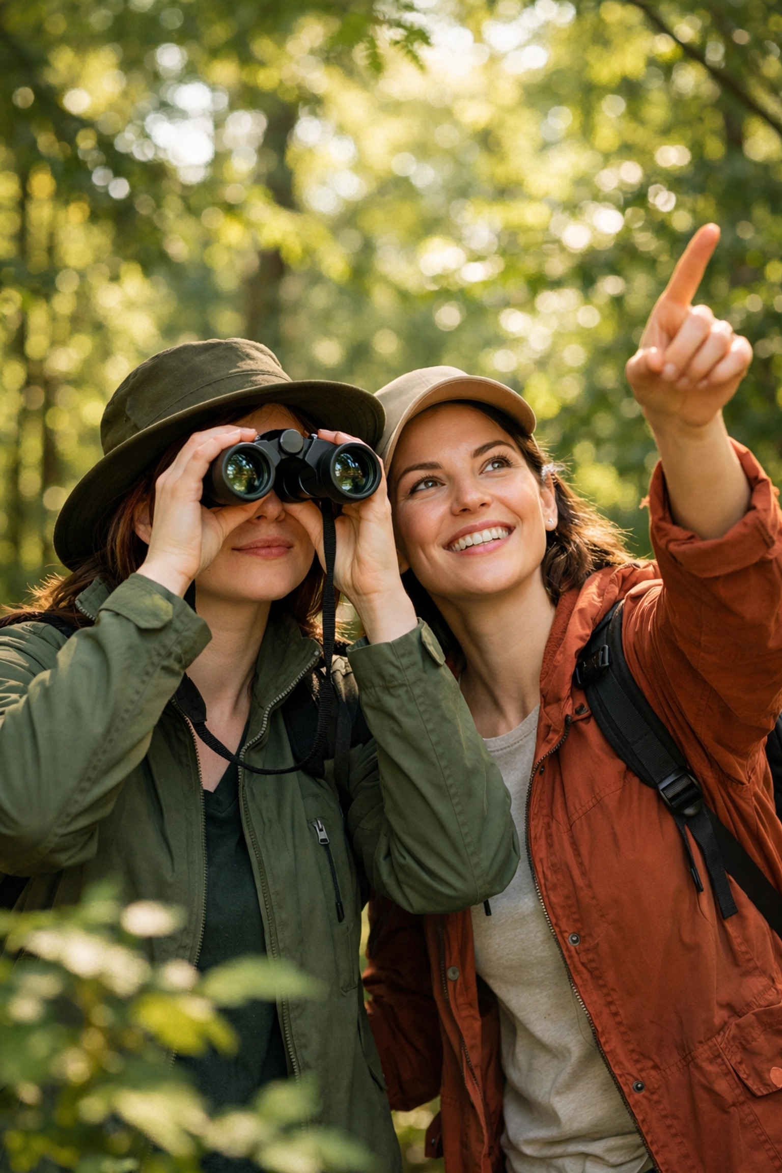 Two women birdwatching in a sun-lit forest, exploring niche queer hobbies and building community connections.