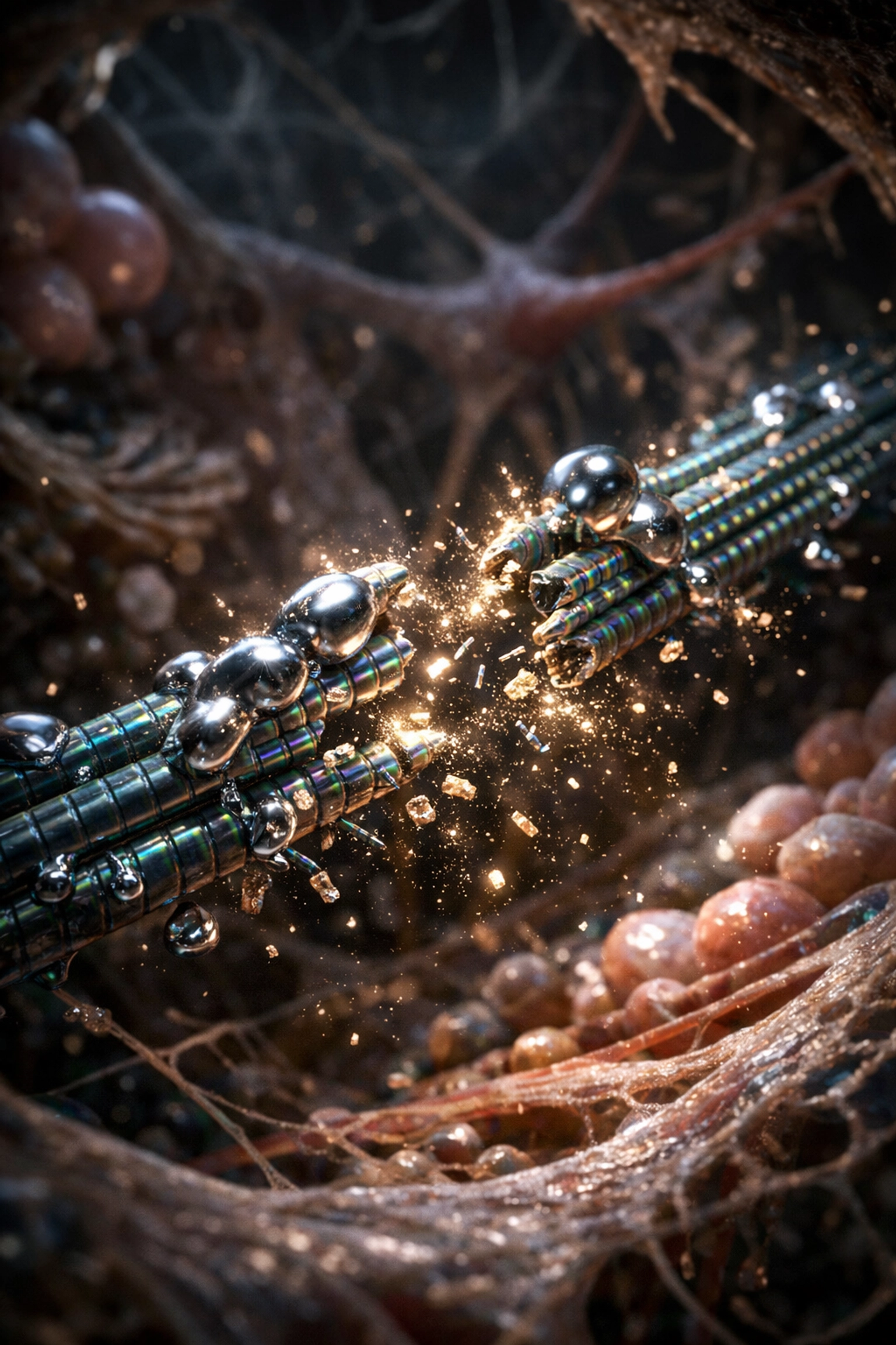 Mercury droplets destroying neural microtubules, leading to neurodegenerative damage.