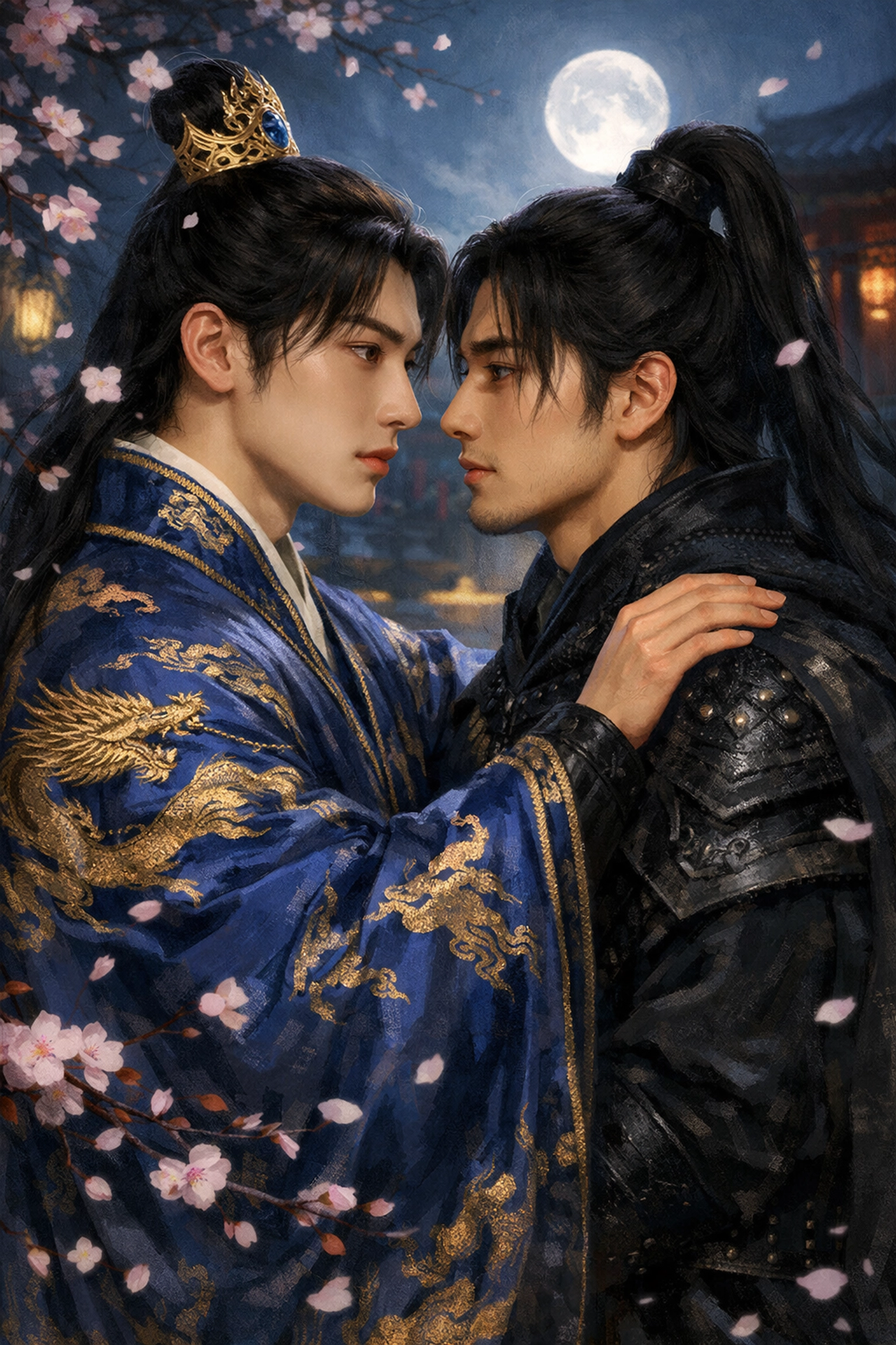 Two men in traditional Chinese robes share an intimate moment in a moonlit garden - forbidden love in Imperial China