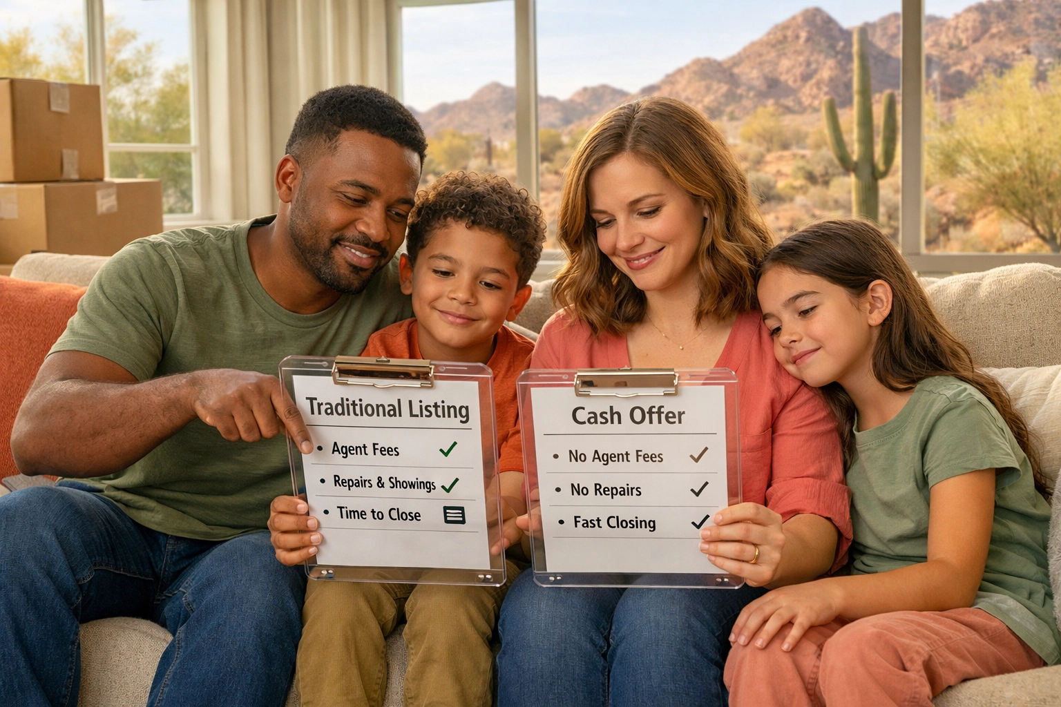 Phoenix family comparing traditional listing versus instant cash offer options for home sale