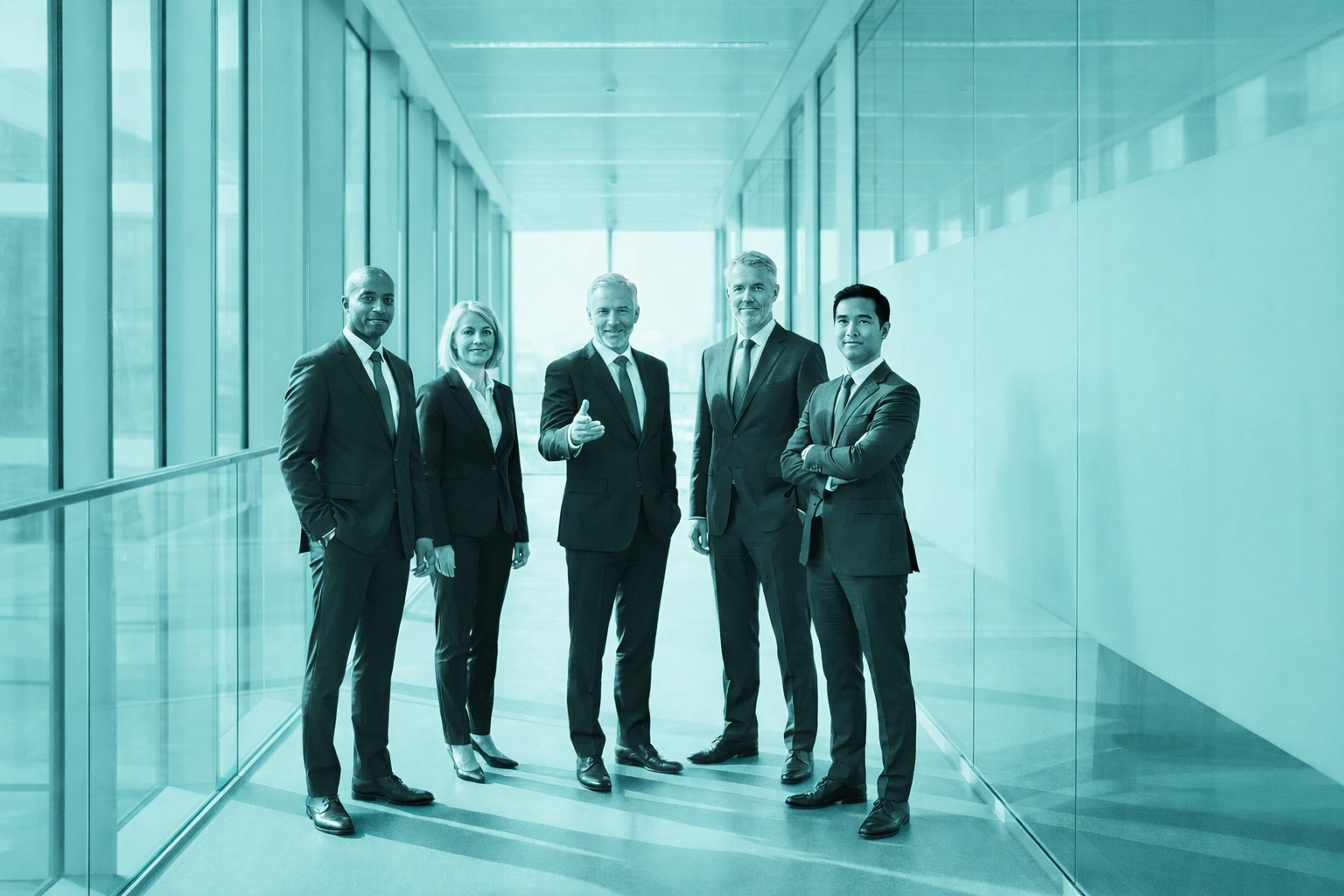 Diverse leadership team collaborating in a glass office, representing critical roles in SAP change management