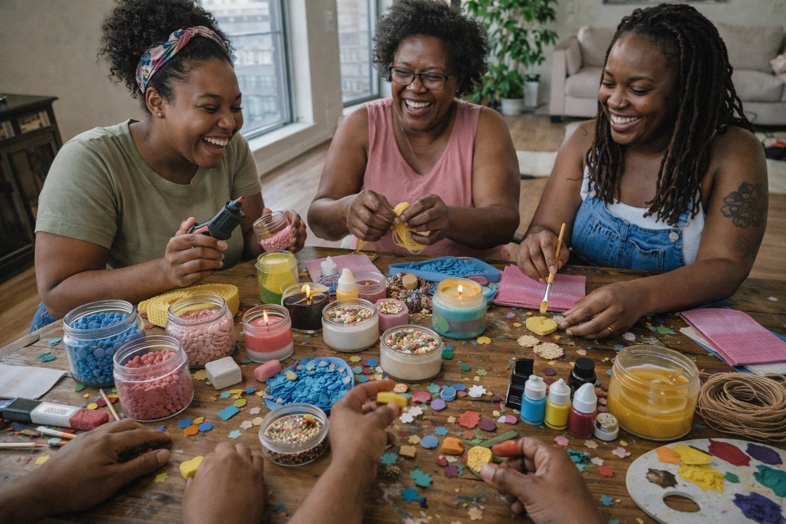 Hands creating DIY crafts at birthday workshop with candle making supplies and craft materials