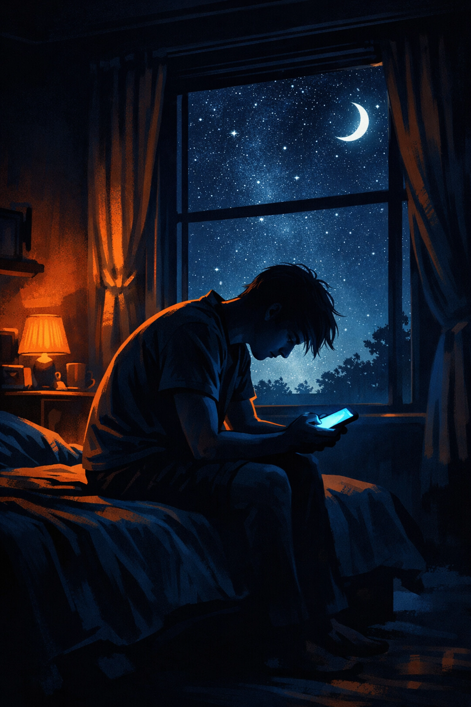 Person experiencing evening news anxiety while scrolling smartphone in bed at night