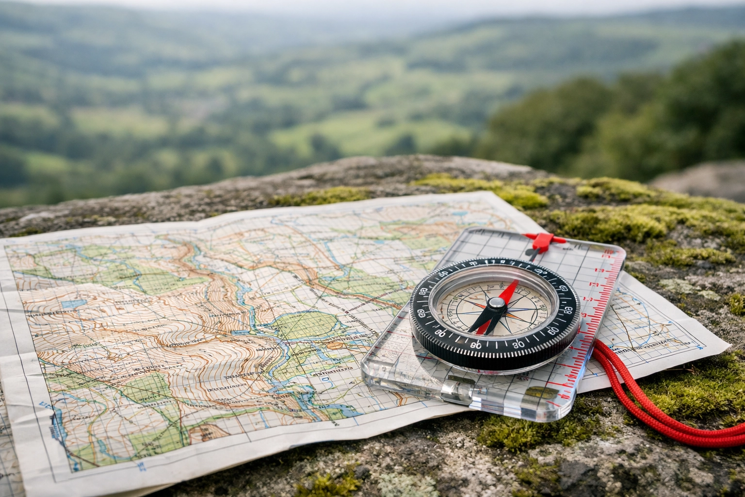 Topographic map and compass on a mossy rock for wild camping guided UK navigation.