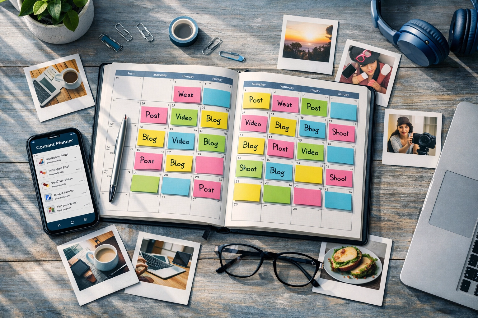 Content calendar with organized scheduling for social media posts