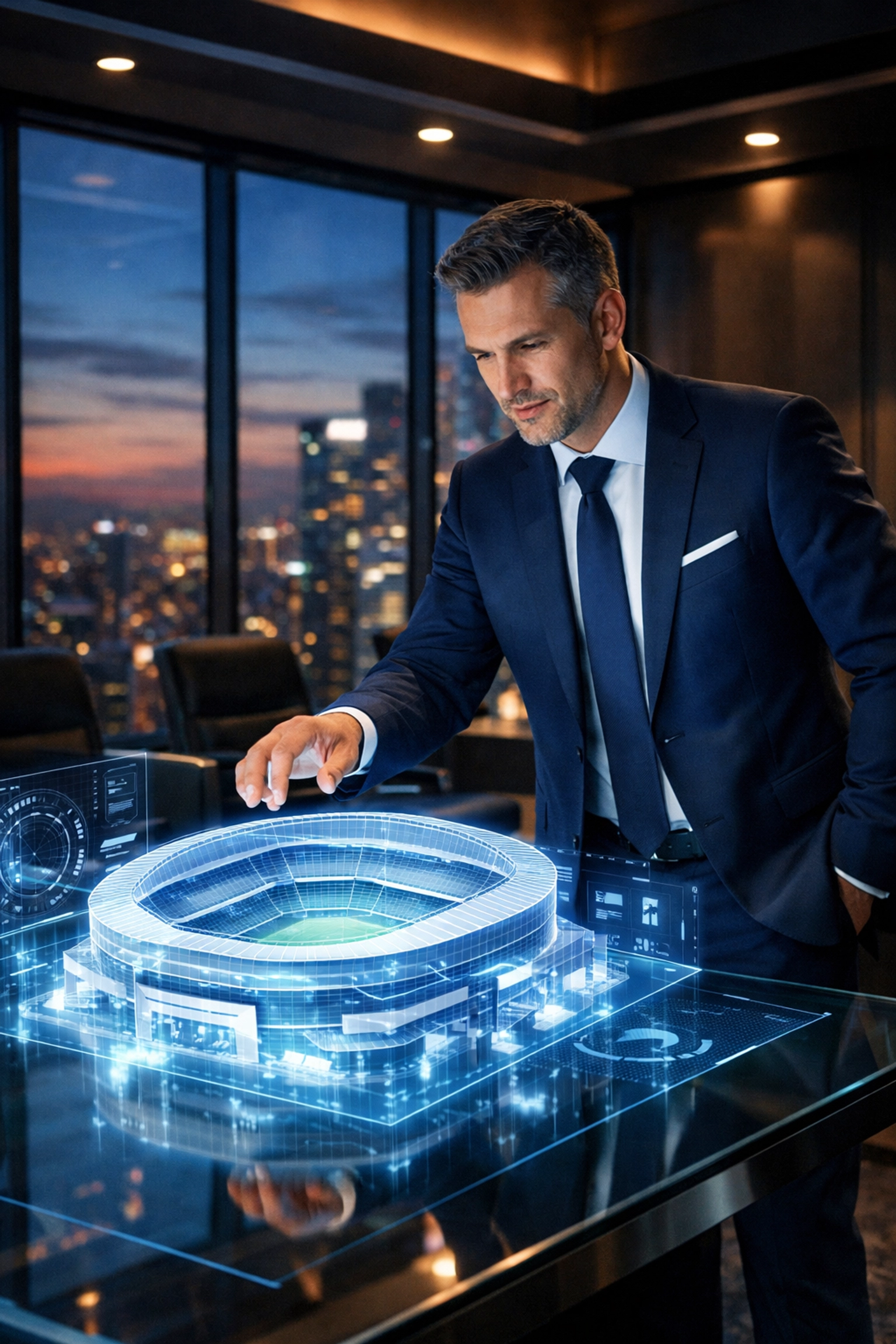Executive planning a digital twin Super Bowl activation to expand global brand presence and VIP access