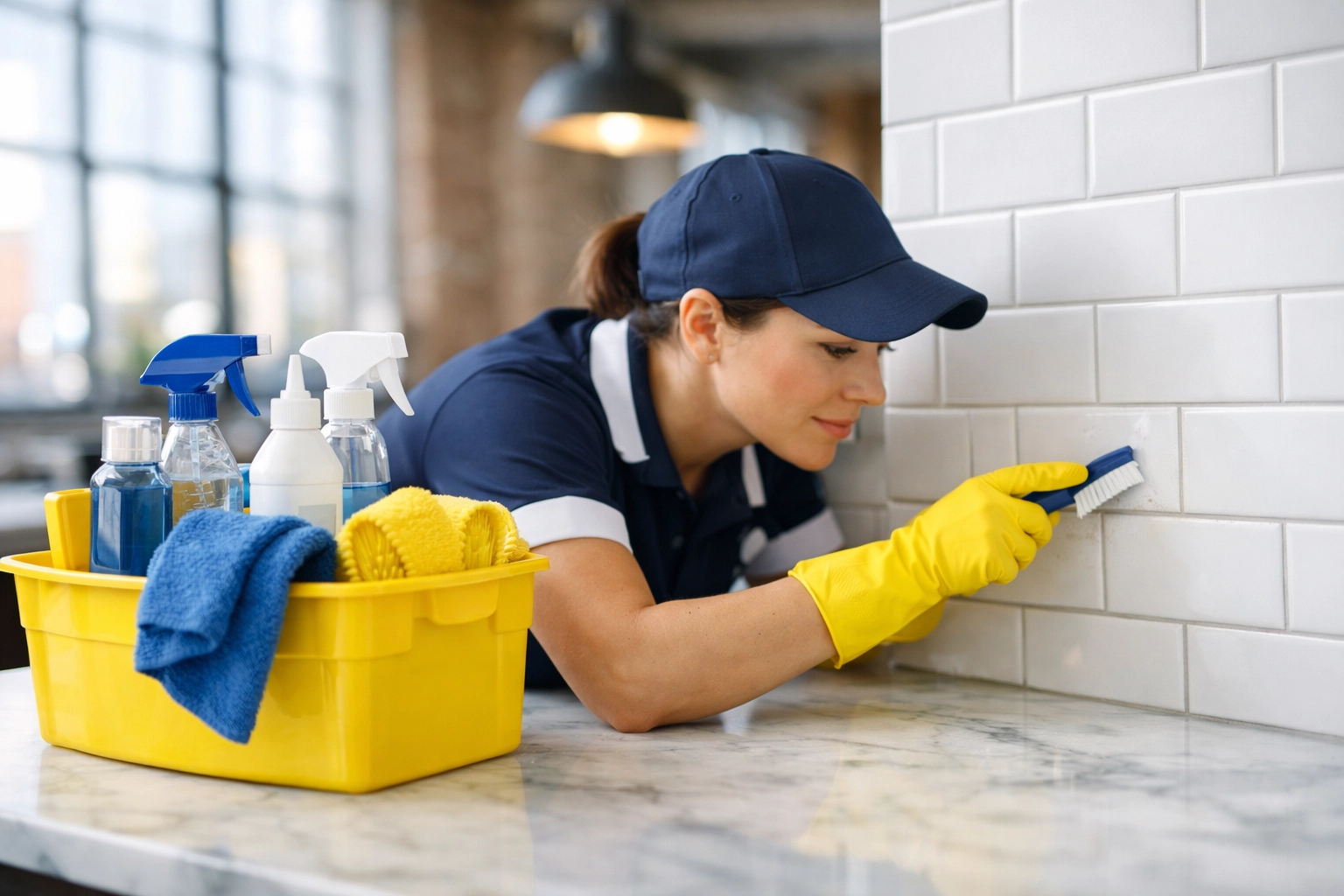 A professional cleaner scrubbing tile grout during a deep cleaning Lowell service in a modern kitchen.