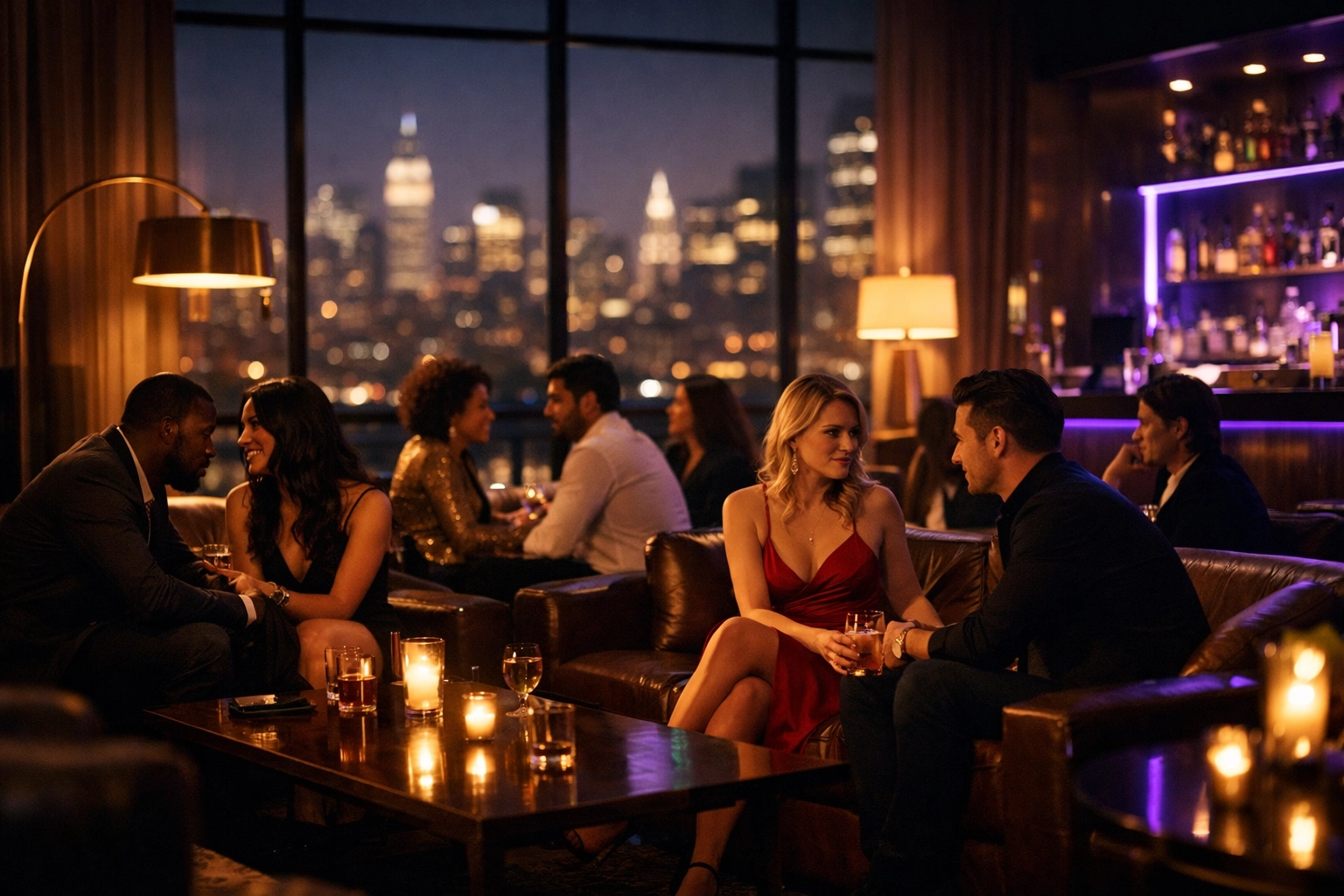 A curated group enjoying an intimate night in a high-end luxury lounge with an NYC skyline view.