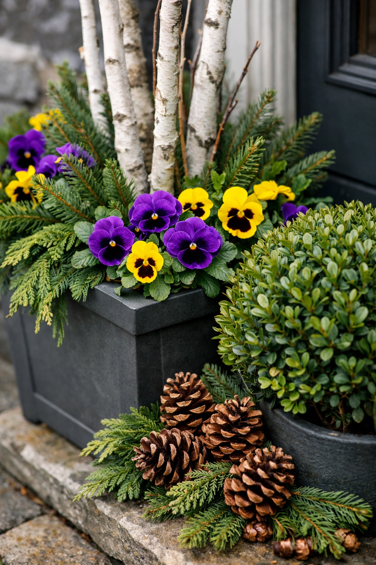 Evergreen boxwoods and colorful pansies in porch planters create winter curb appeal