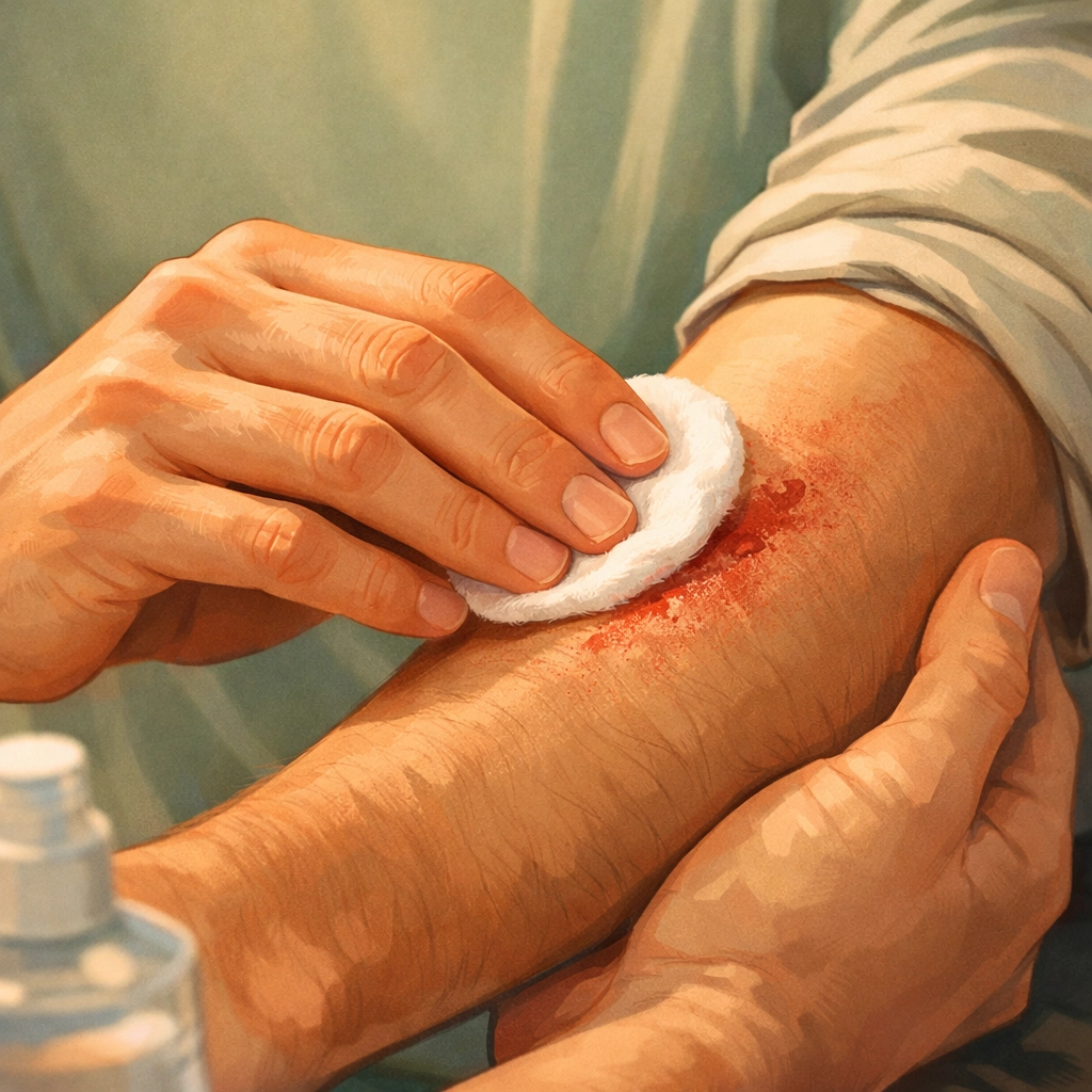 Hands showing tender wound care between two men illustrating hurt/comfort gay romance trope