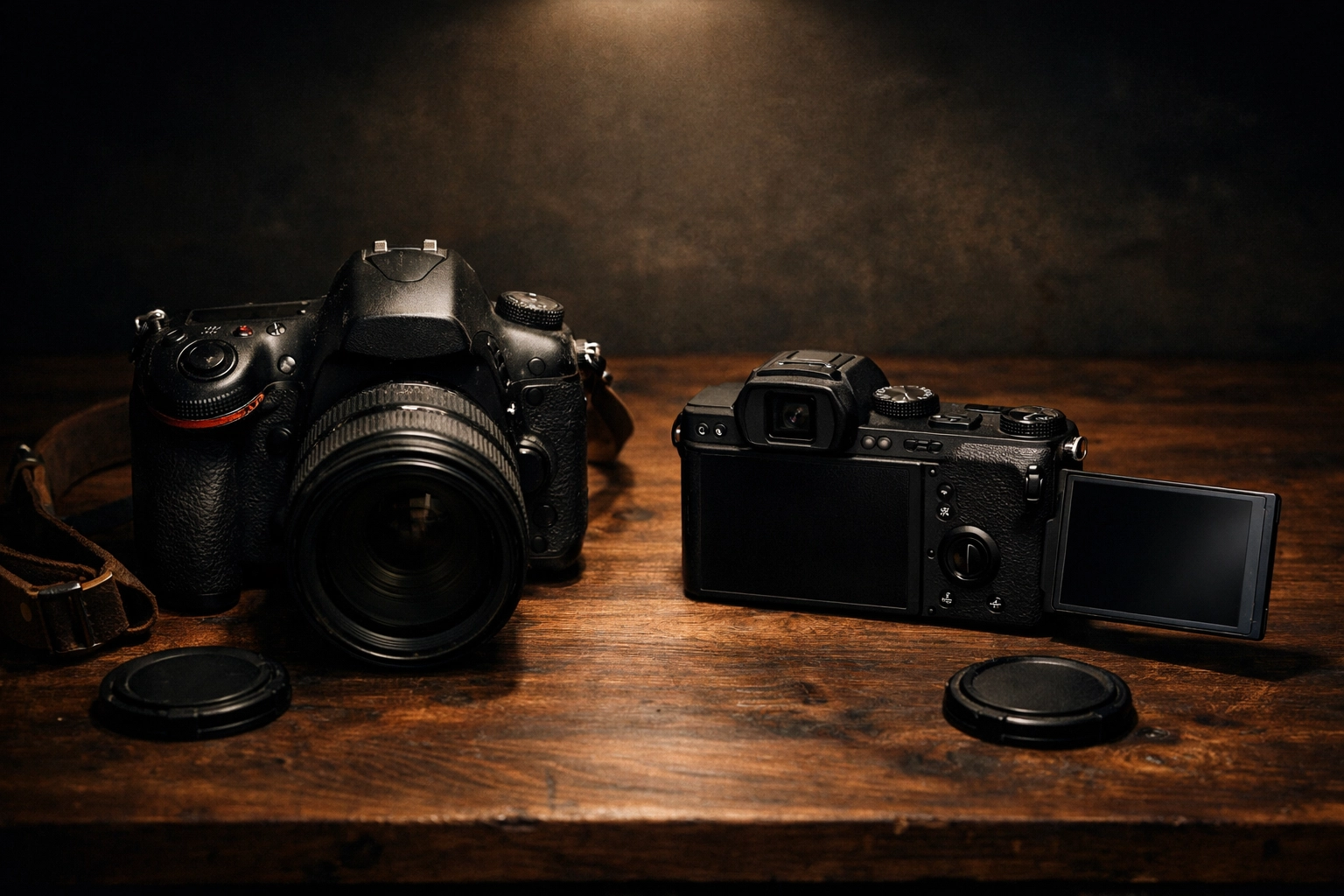 DSLR vs mirrorless camera comparison showing size differences on a professional studio workbench.