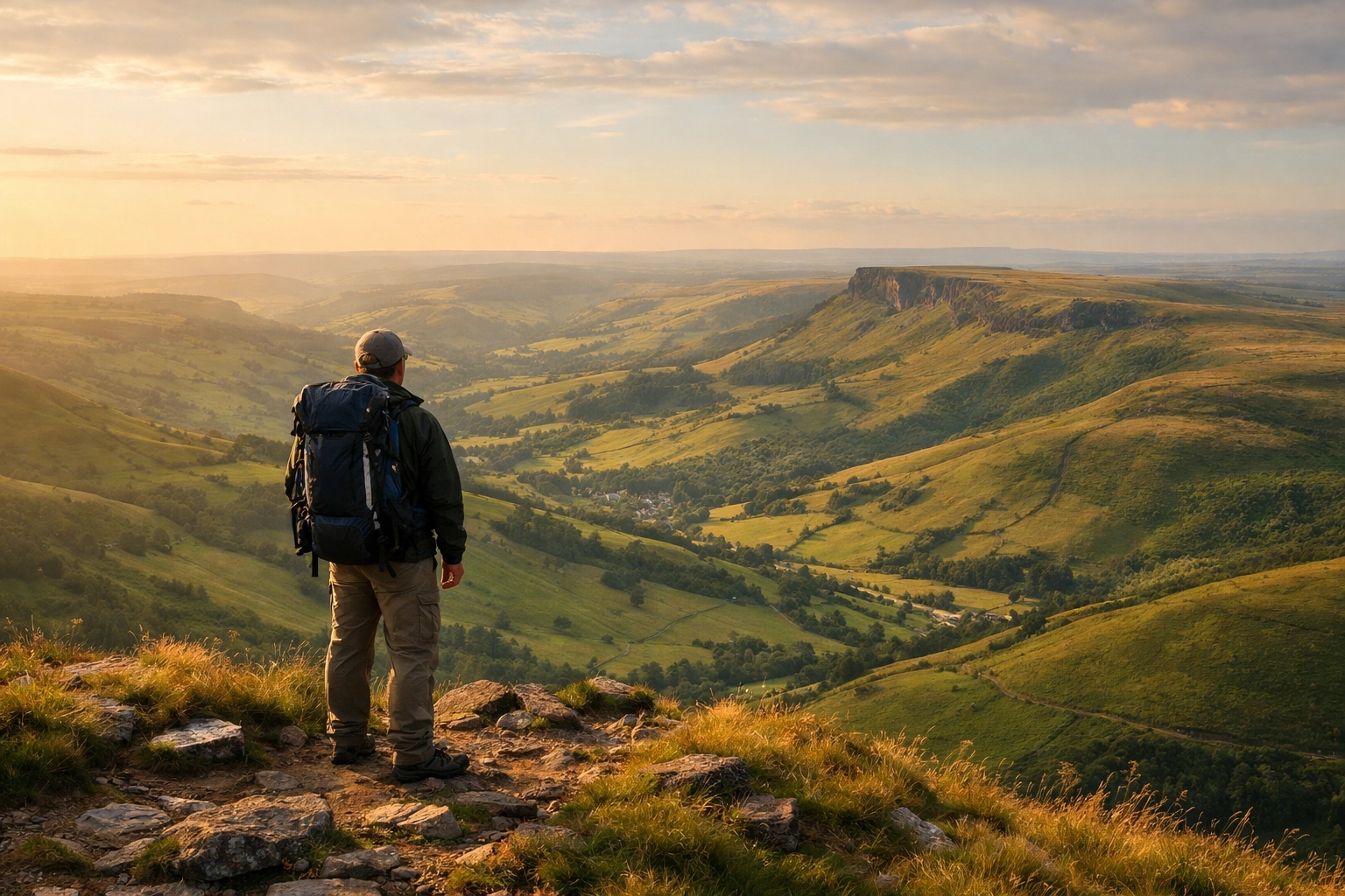 A hiker enjoying the summit view in the Peak District during a guided walking tour in the British countryside.