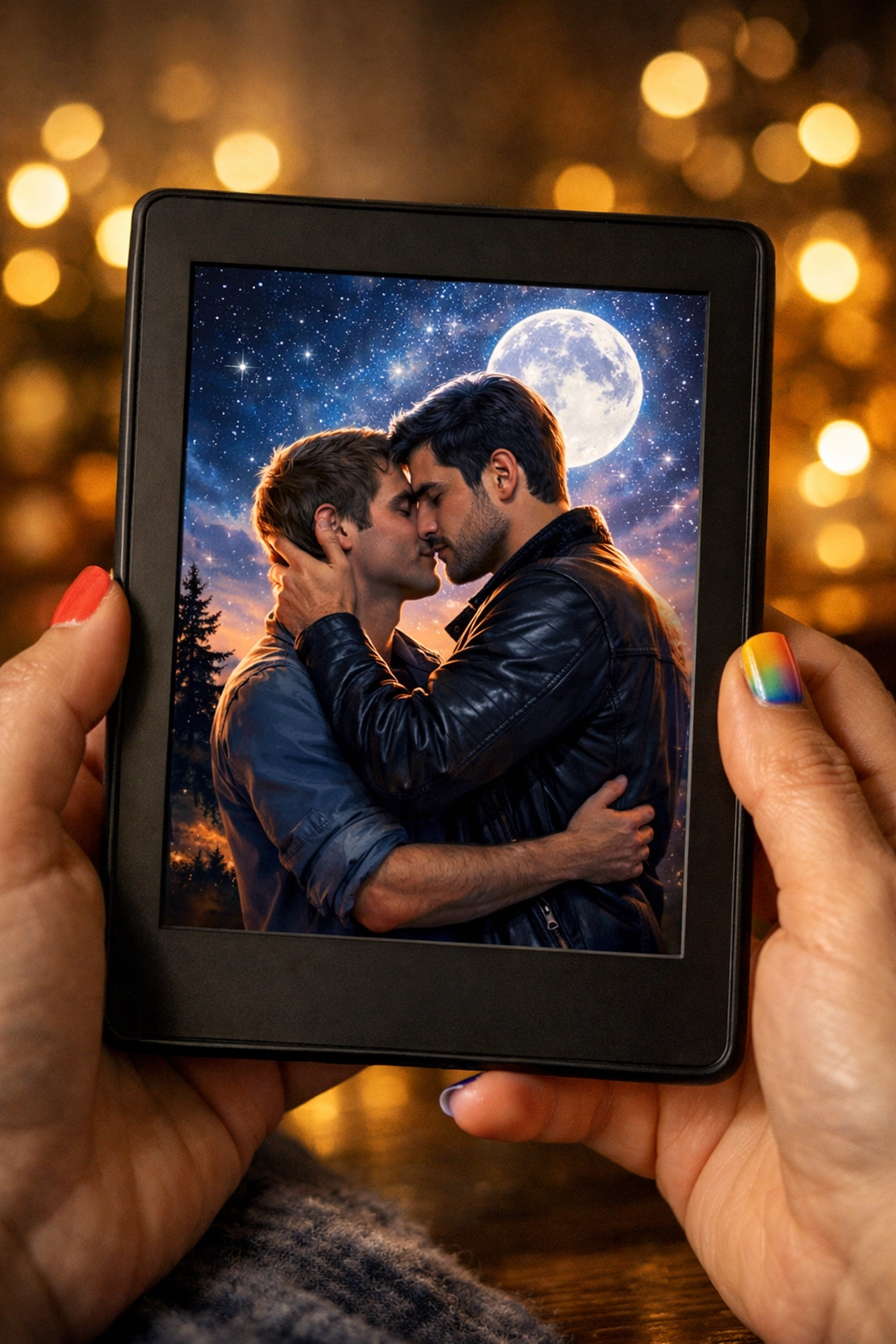 Close-up of an e-reader displaying a colorful MM romance book cover with a starry night illustration.