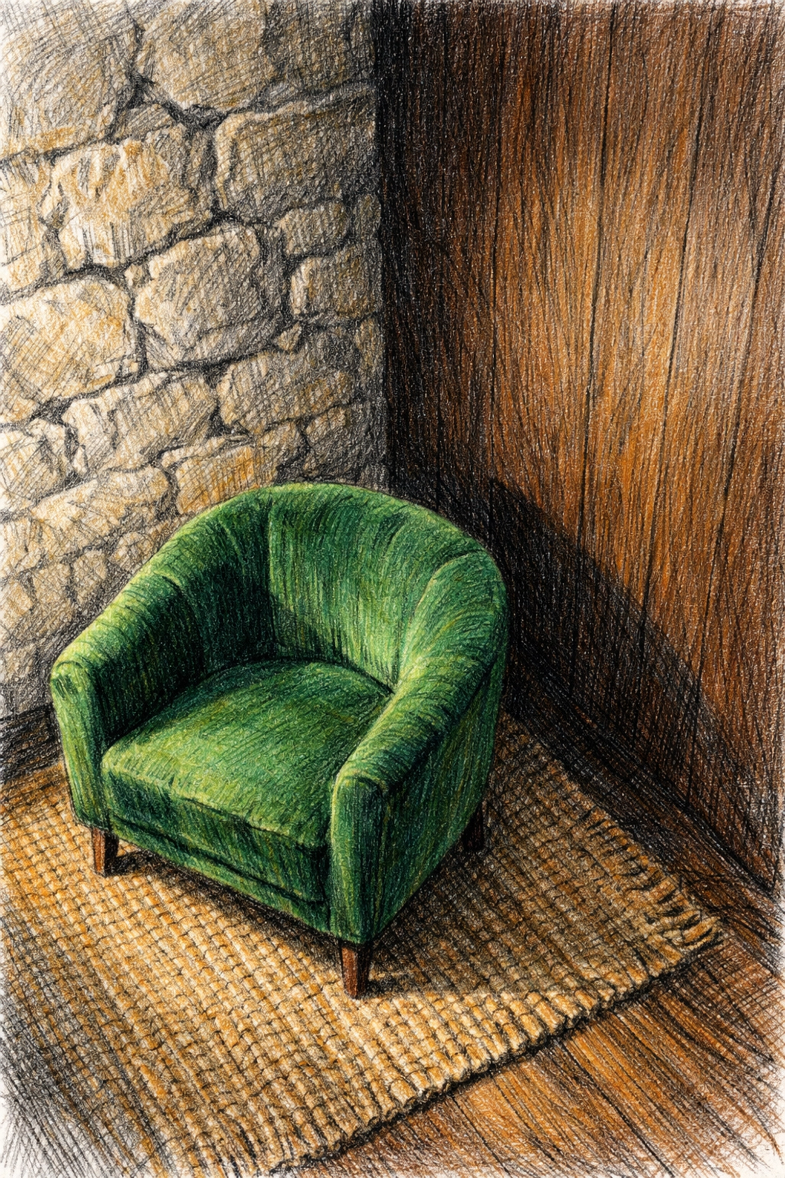 Layered boutique hotel interior design featuring limestone walls and a green velvet chair