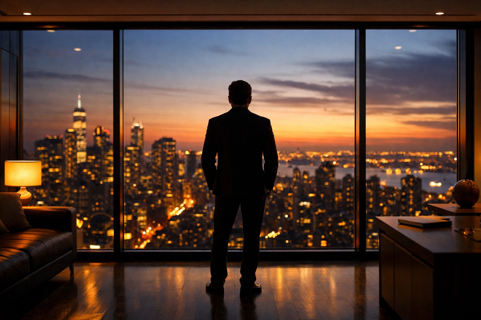 Successful business founder looking at a city skyline representing strategic growth and scaling.
