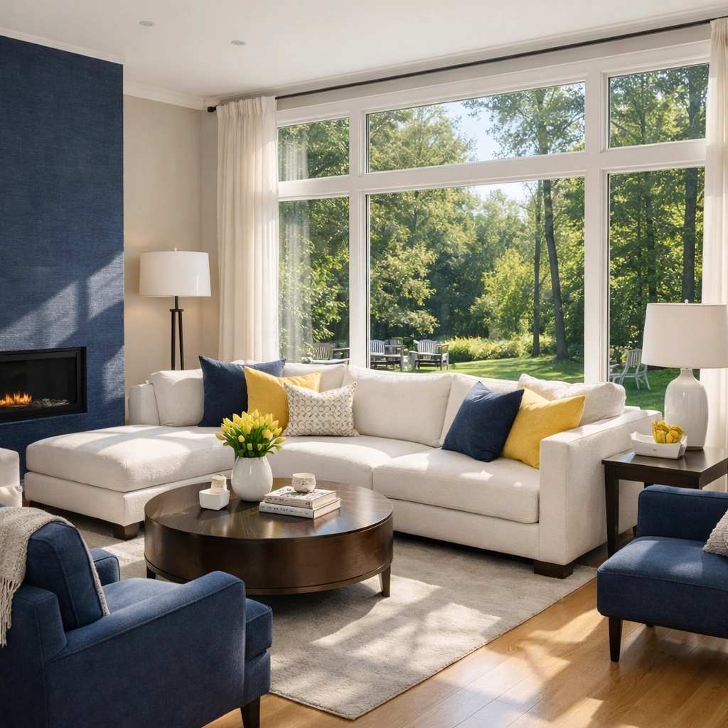 Sunlit living room in Natick MA showcasing clean indoor air quality after eco-friendly house cleaning.