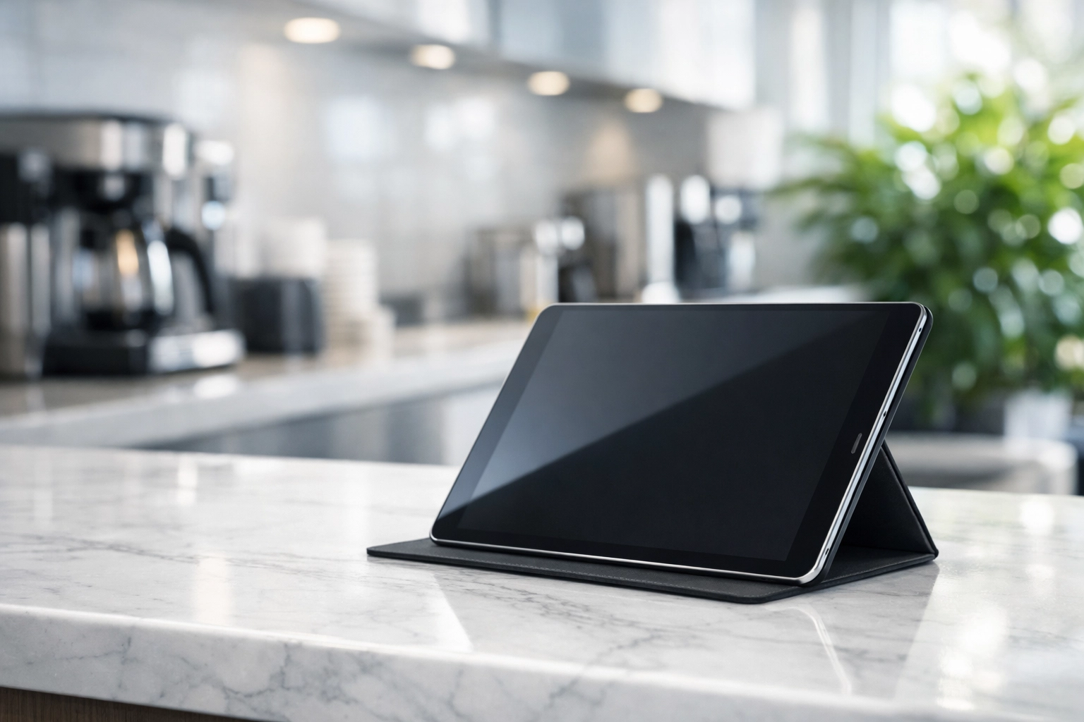 Digital tablet in a clean office breakroom, representing tech-driven reliable cleaning service management for PMs.