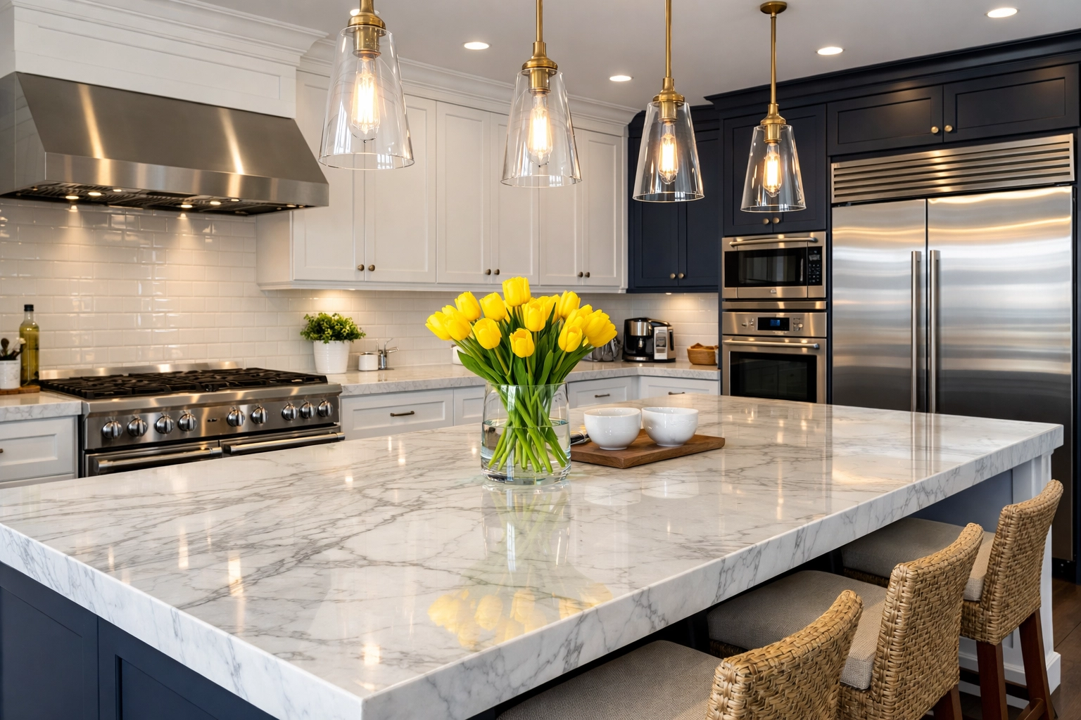 Pristine luxury kitchen with marble counters, highlighting quality residential cleaning in Hamilton for home sales.