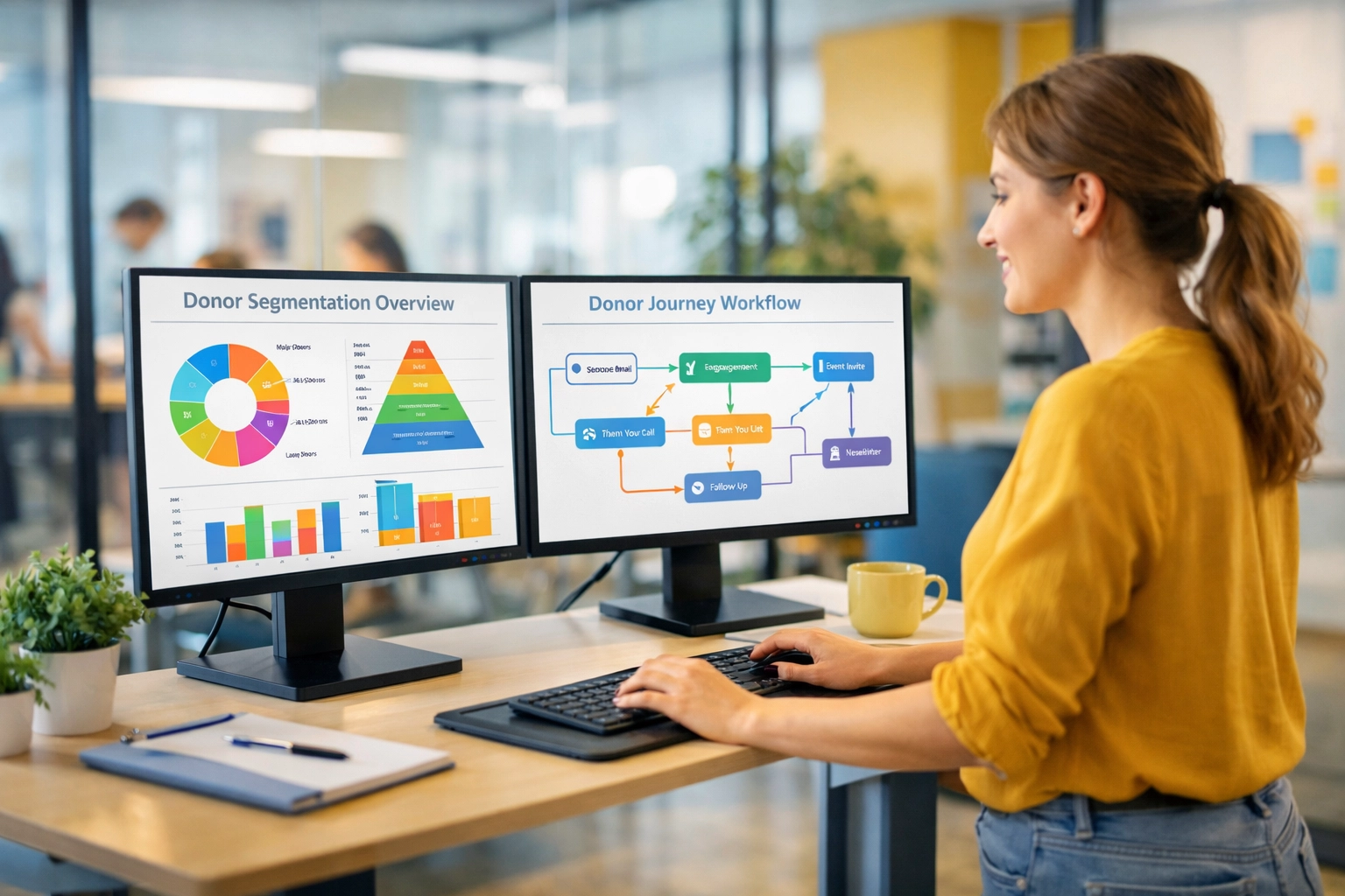 Nonprofit professional using donor segmentation software to personalize stewardship communications